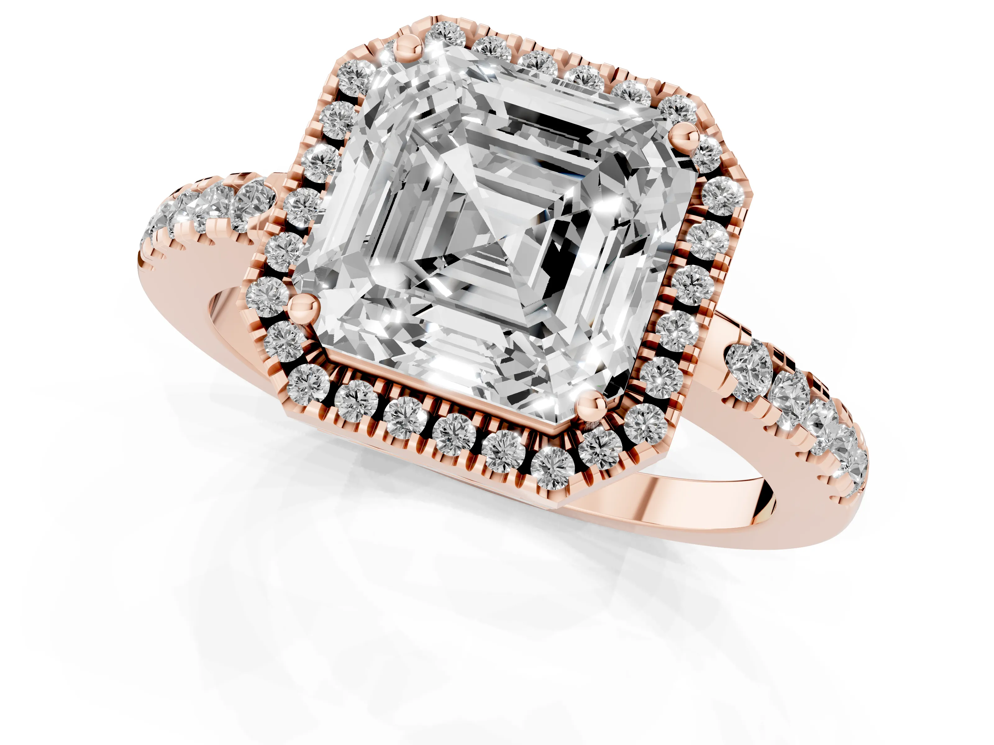 Asscher Cut Diamond Pavé Band Halo Engagement Ring Set in Rose gold with Prong Setting
