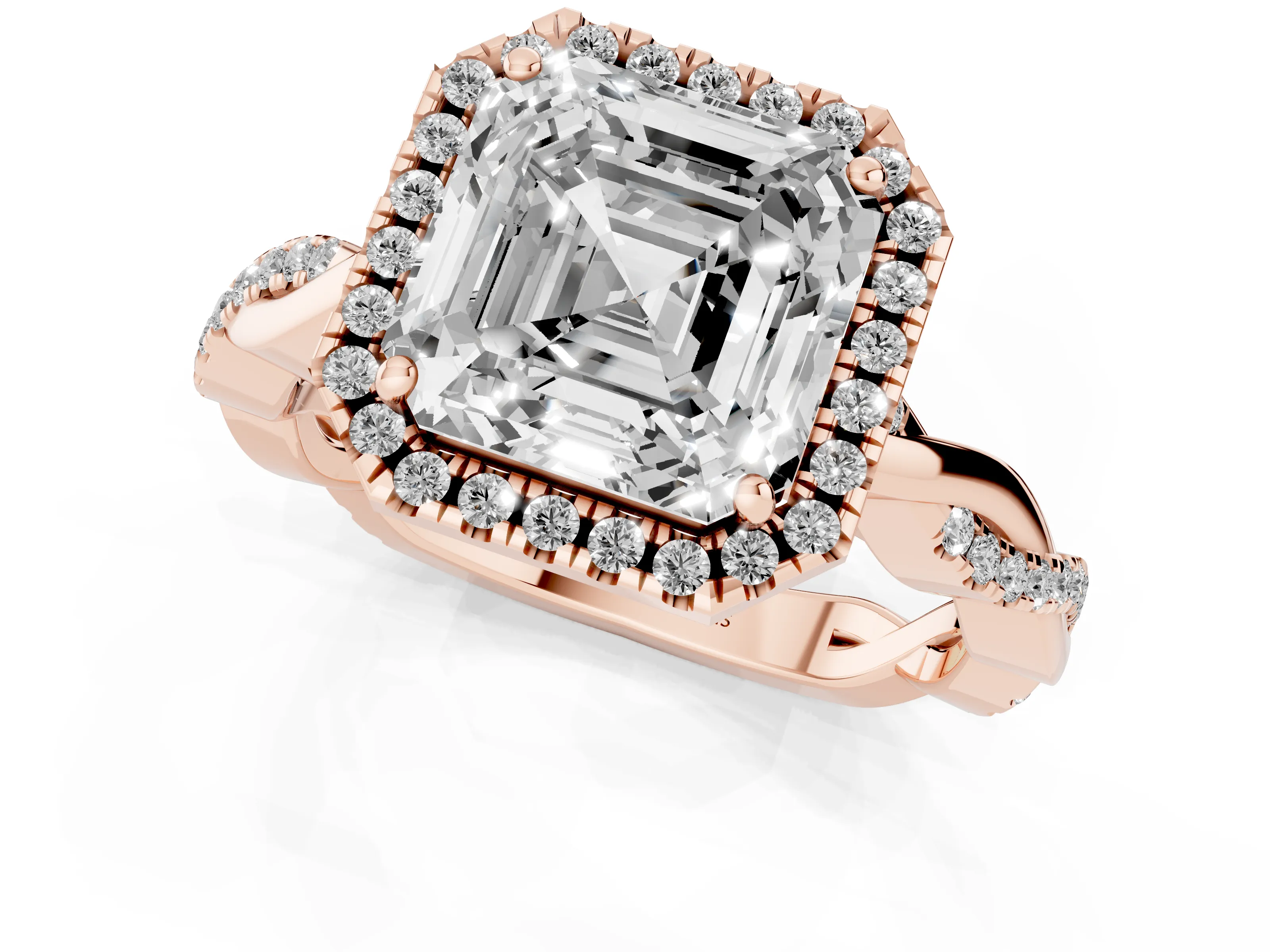 Asscher Cut Diamond Halo Twisted Band Ring Set in Rose gold with Prong Setting