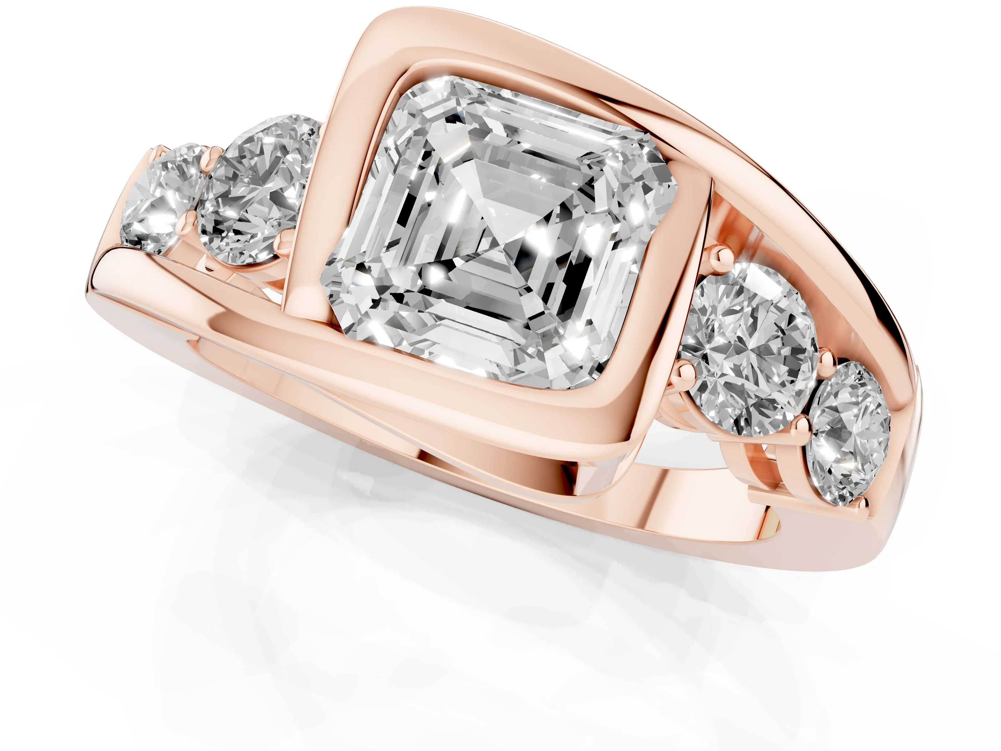 Asscher Cut Diamond Bezel Bypass Ring Set in Rose gold with Round Accents