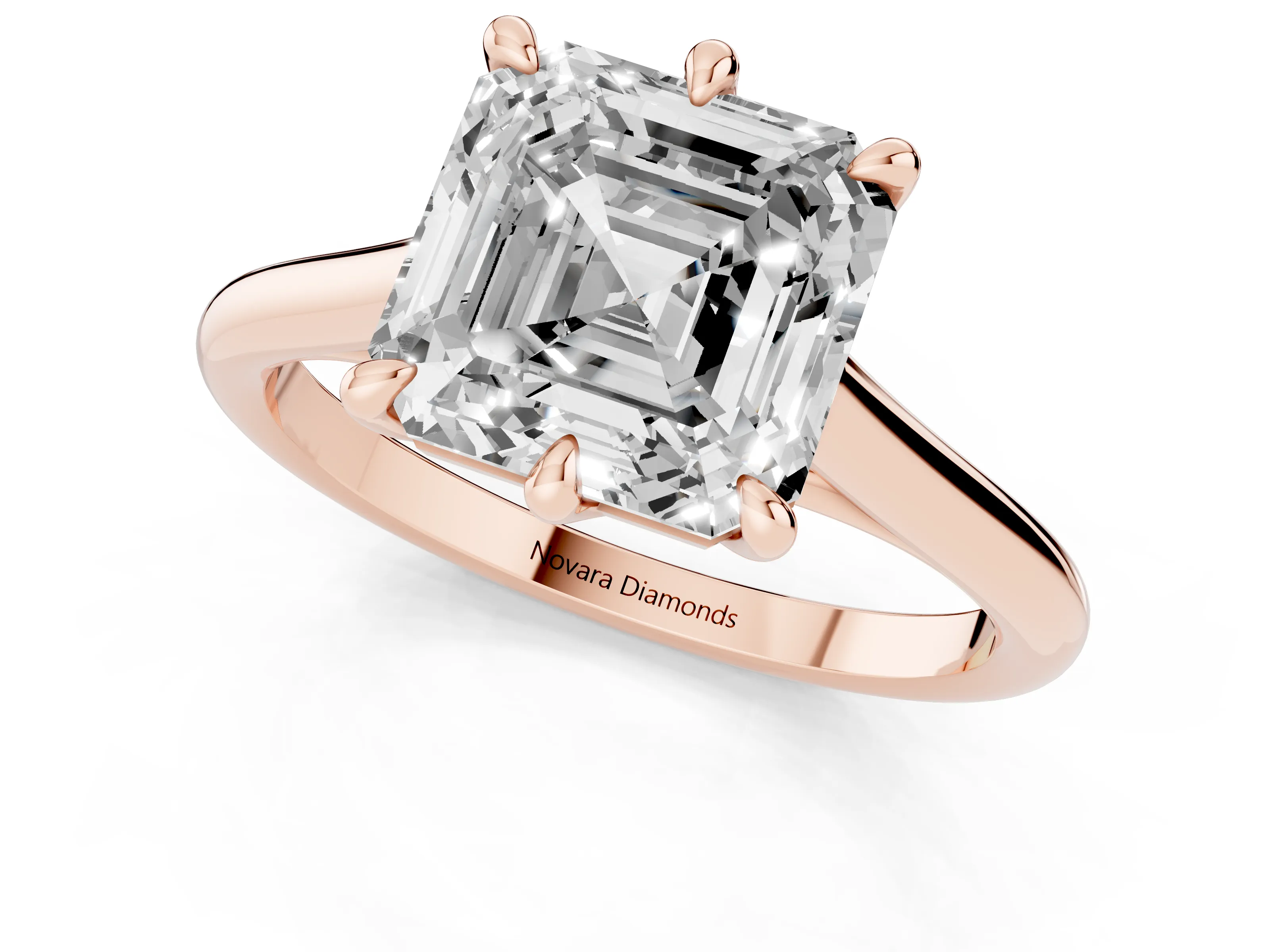 Asscher Cut Diamond Solitaire Engagement Ring Set in Rose gold with Prong Setting and Plain Classic Band