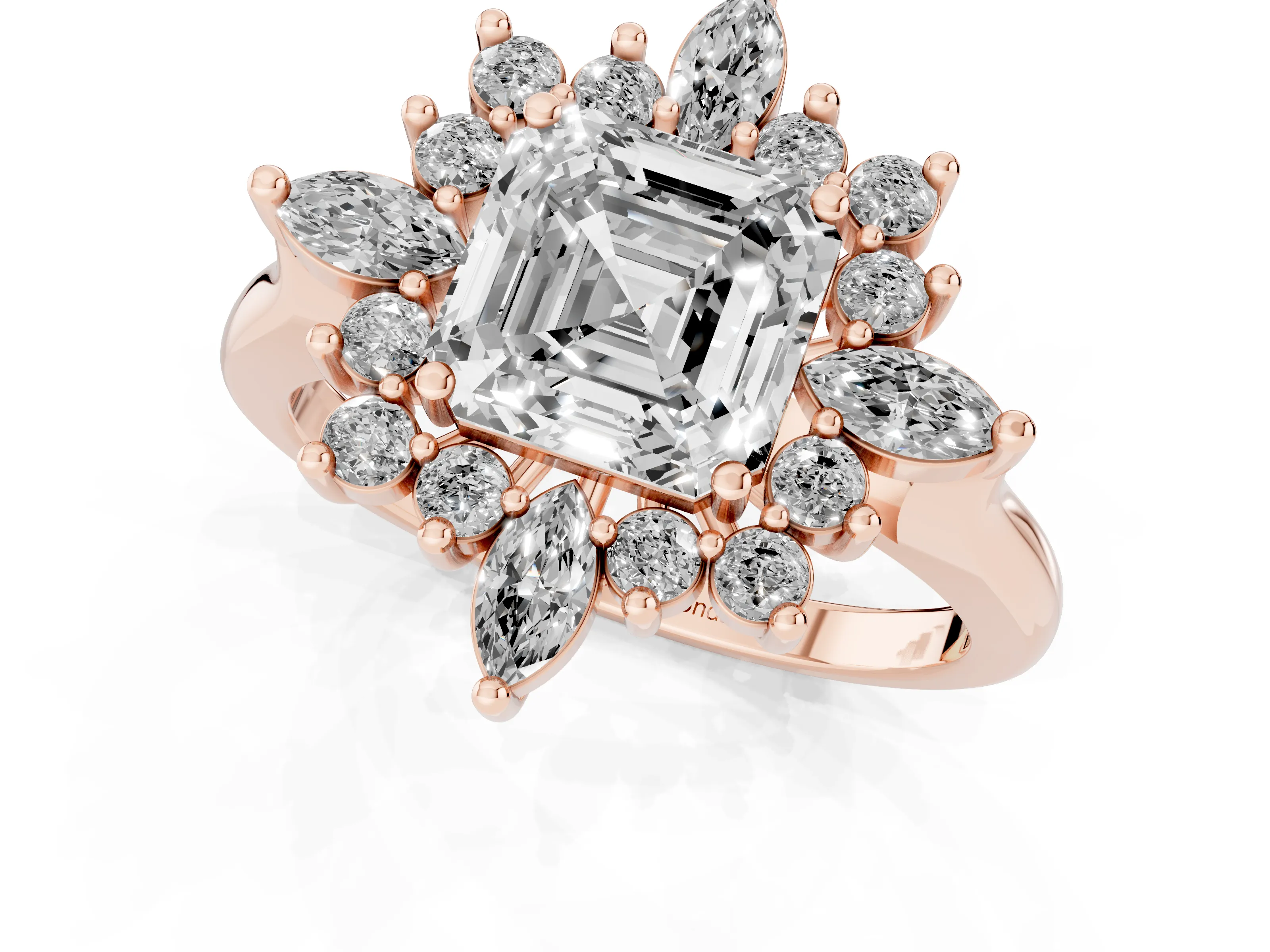 Asscher Cut Diamond Cluster Halo Ring Set in Rose gold with Marquise and Round Accents