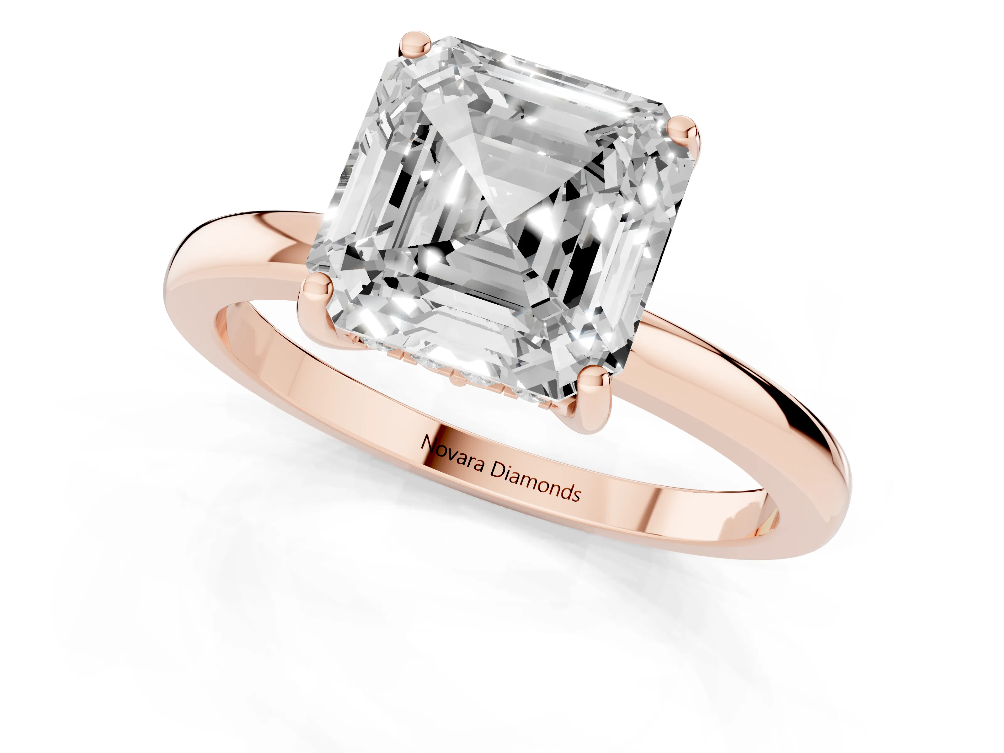Asscher Cut Diamond Solitaire Ring Set in Rose gold with Plain Band and Prong Setting