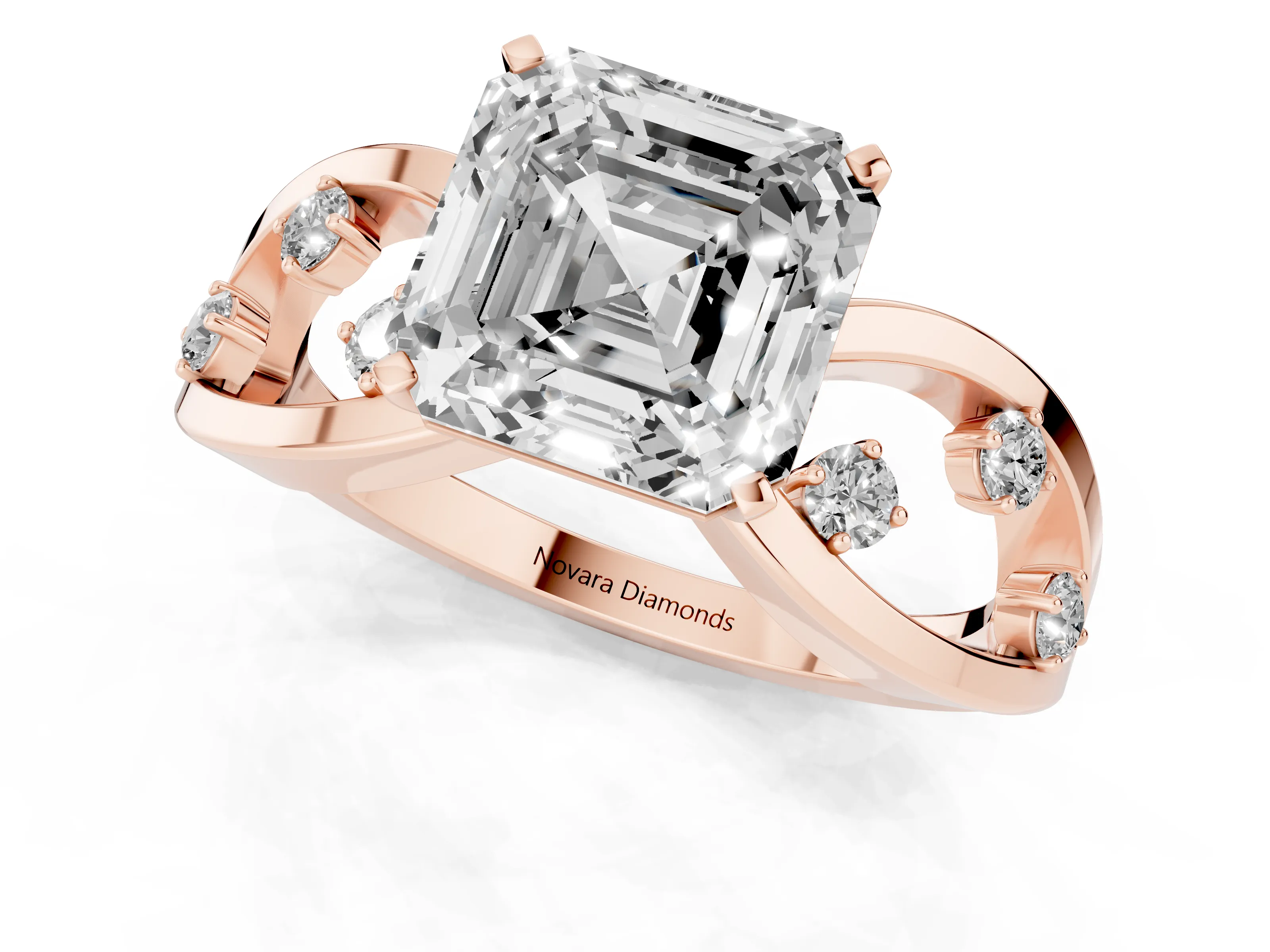 Asscher Cut Diamond Solitaire Ring Set in Rose gold with Side Stones on Criss-Cross Band and Prong Setting