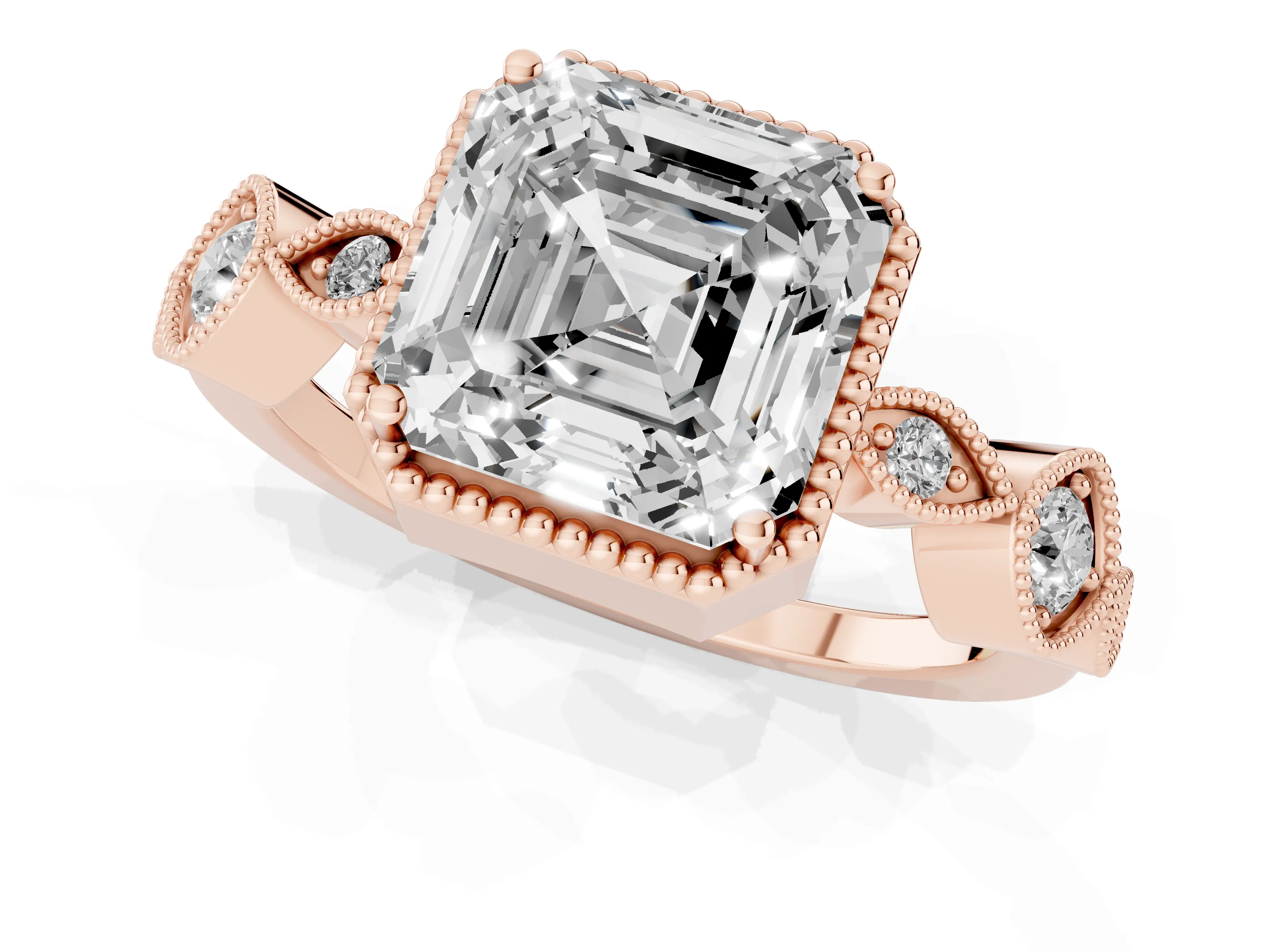 Asscher Cut Diamond Vintage-Inspired Milgrain Ring Set in Rose gold with Marquise Stations of Round Accents