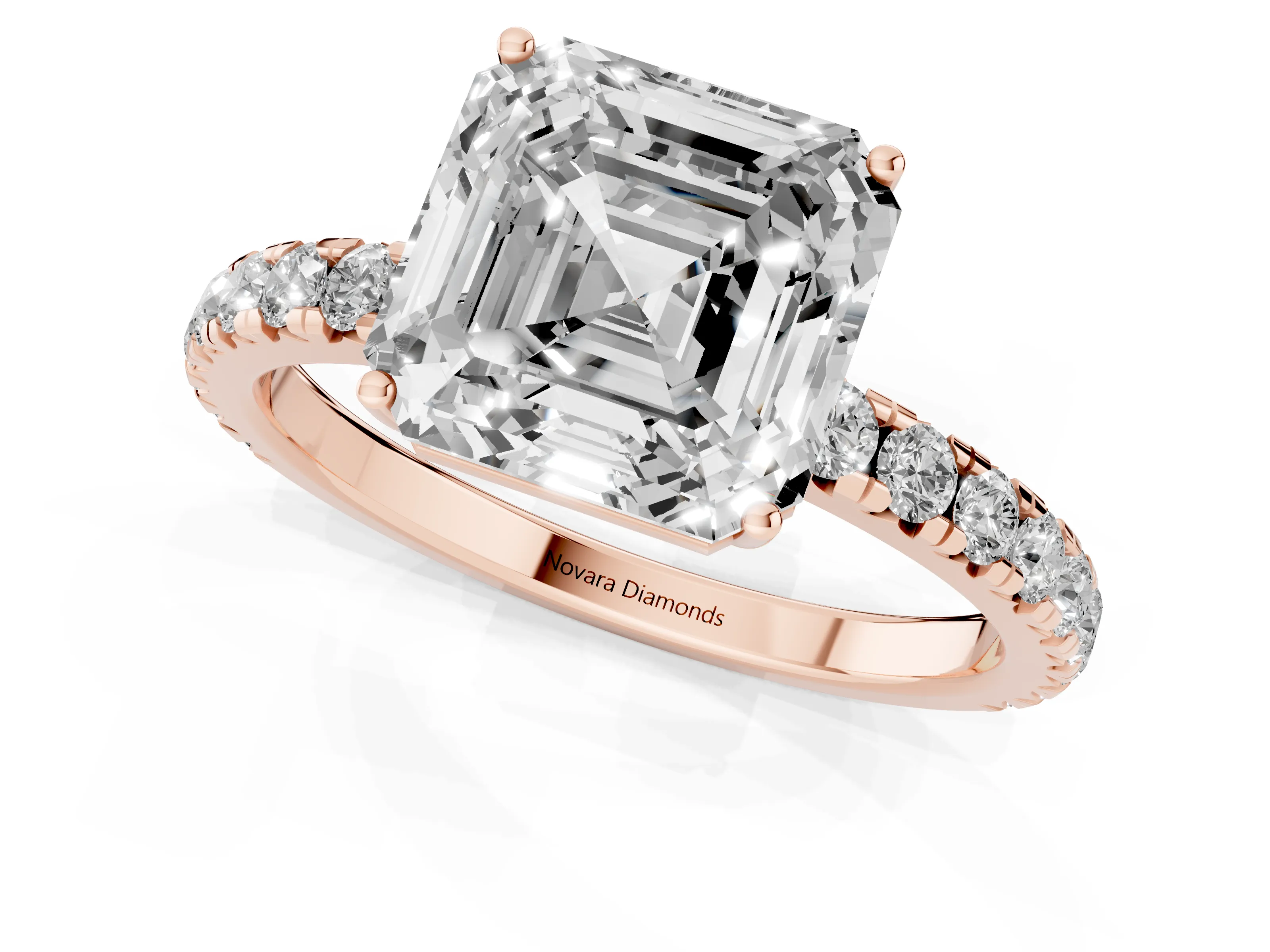Asscher Cut Diamond Pavé Solitaire Engagement Ring Set in Rose gold with Prong Setting