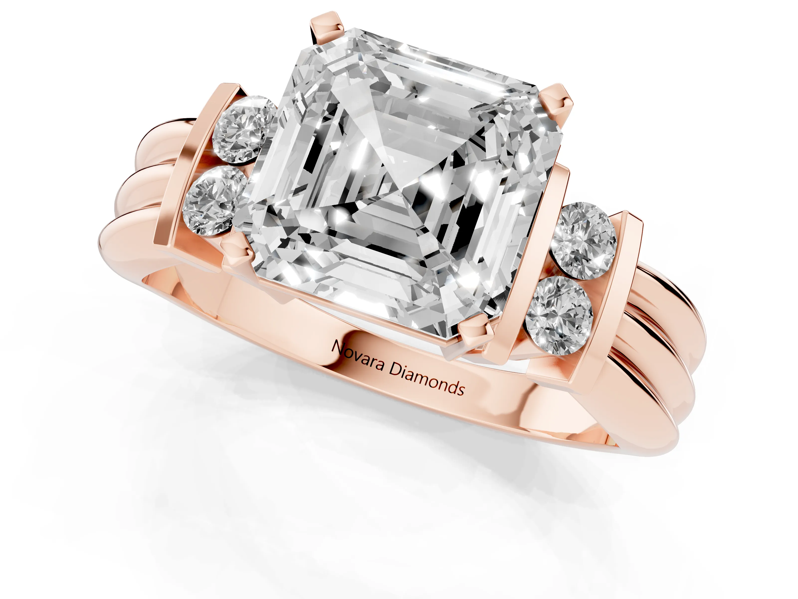 Three-Stone Asscher Cut Diamond Channel Set Ring Set in Rose gold with Bar Prongs