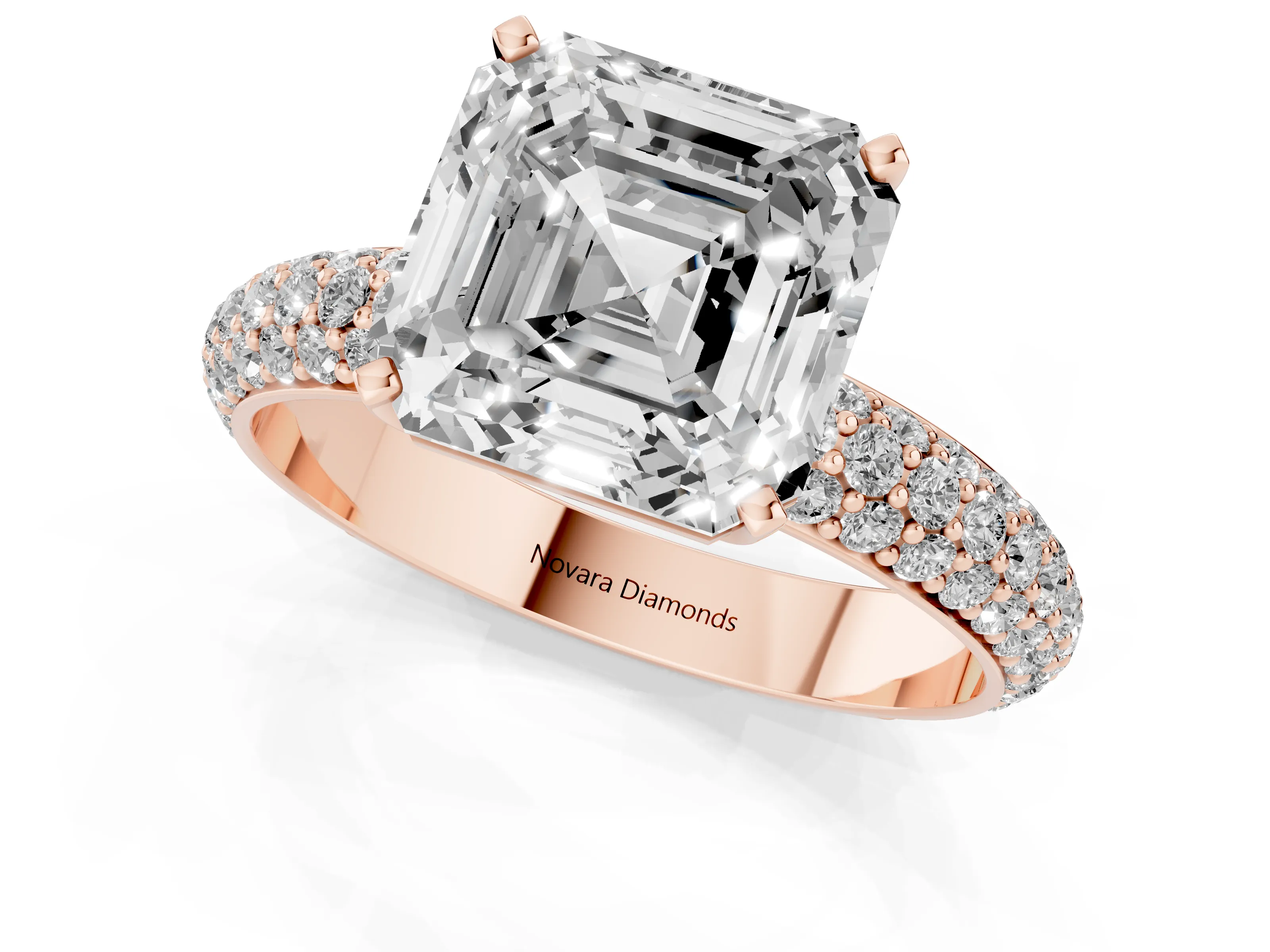 Asscher Cut Diamond Solitaire Ring Set in Rose gold with Prong Setting and Pavé-Set Band