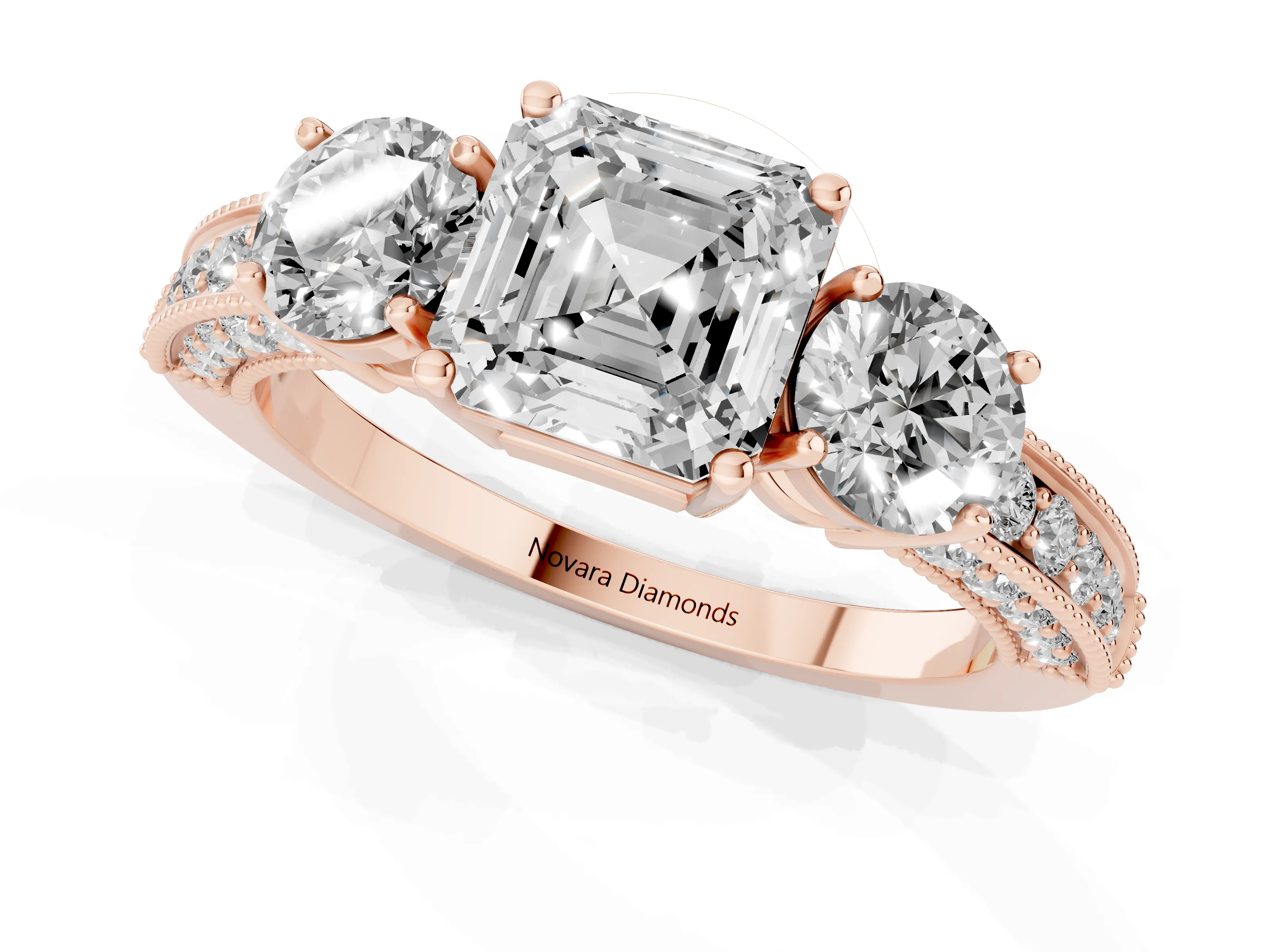 Asscher Cut Diamond Three-Stone Ring Set in Rose gold with Round Side Stones and Pavé Band