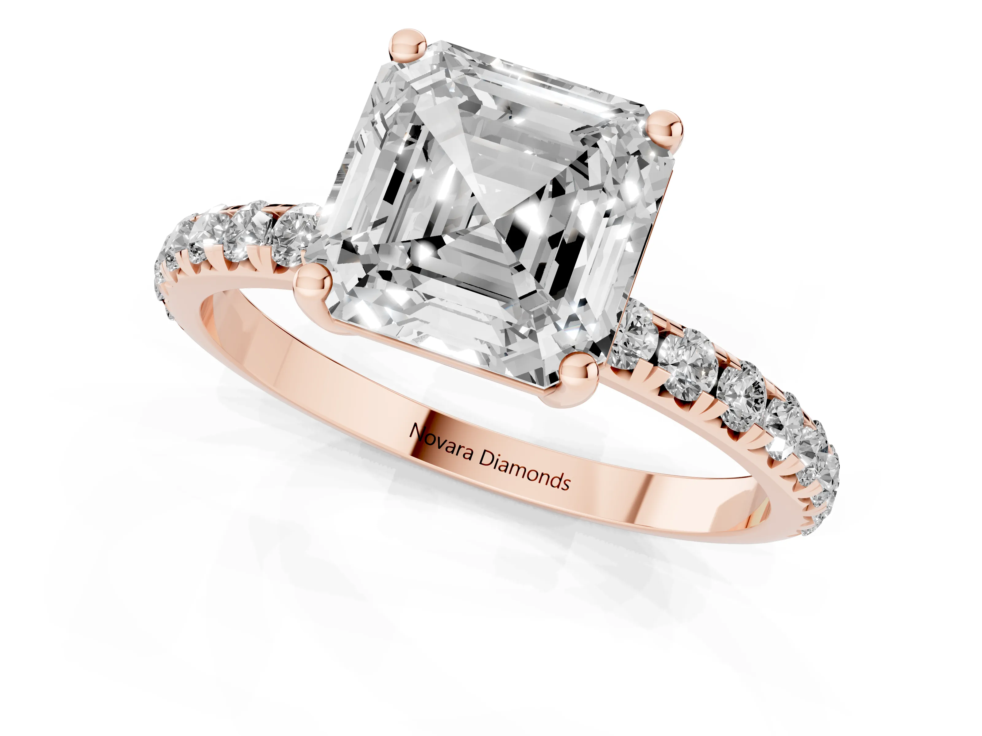 Asscher Cut Diamond Solitaire Ring Set in Rose gold with Micro Pavé Band and Prong Setting – second view