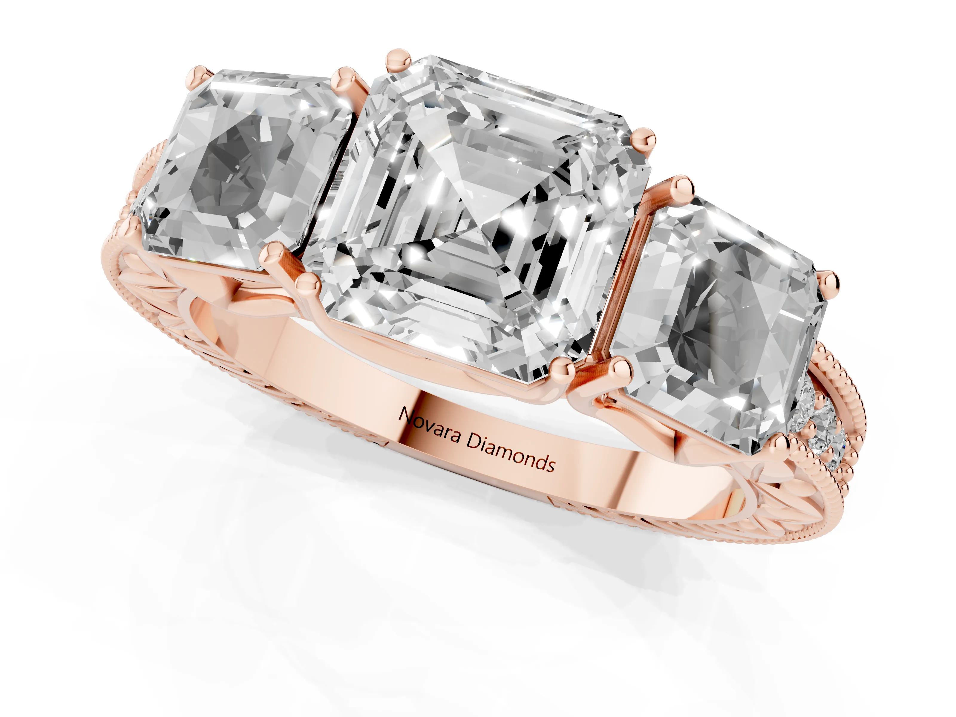 Asscher Cut Diamond Three-Stone Engagement Ring Set in Rose gold with Milgrain Pavé Band