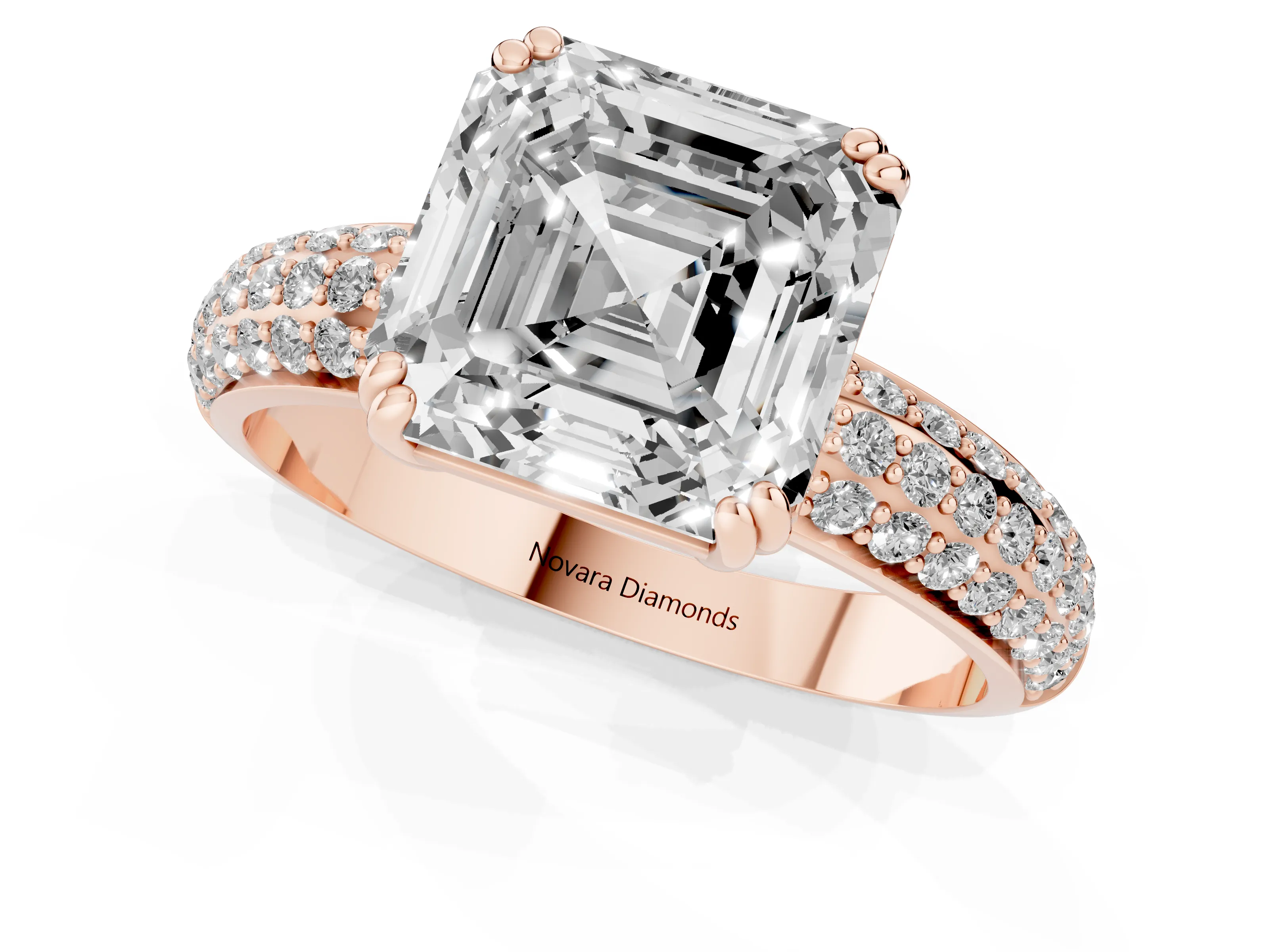 Asscher Cut Diamond Solitaire Ring Set in Rose gold with Multi-Row Round Pavé Band and Prong Setting