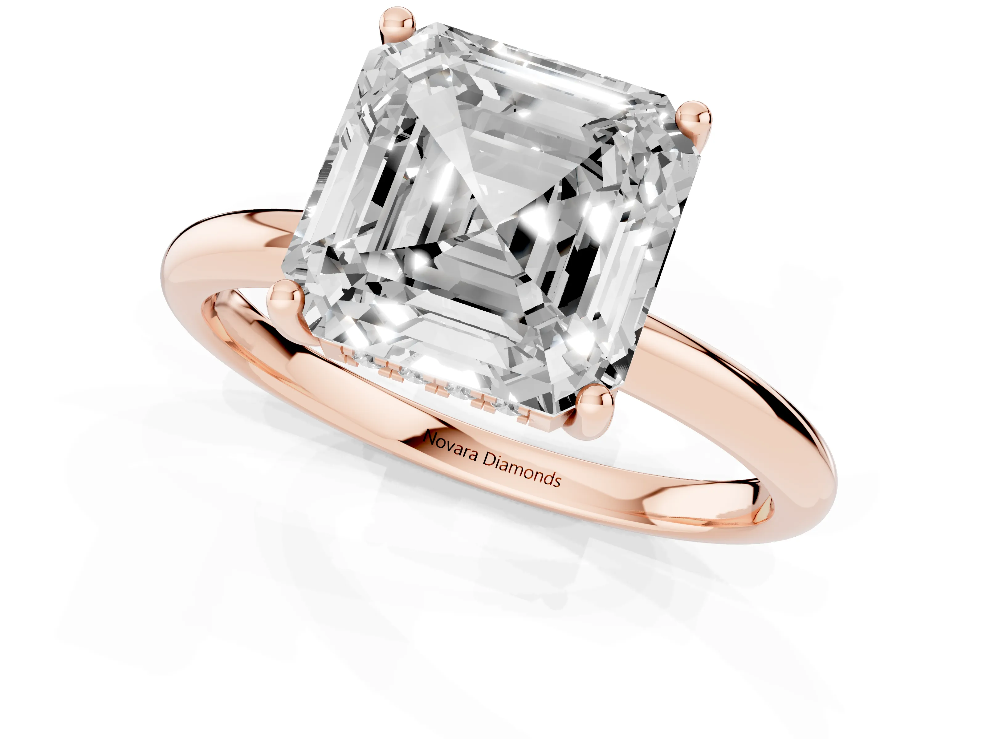Asscher Cut Diamond Solitaire Engagement Ring Set in Rose gold with Prong Setting and Polished Band