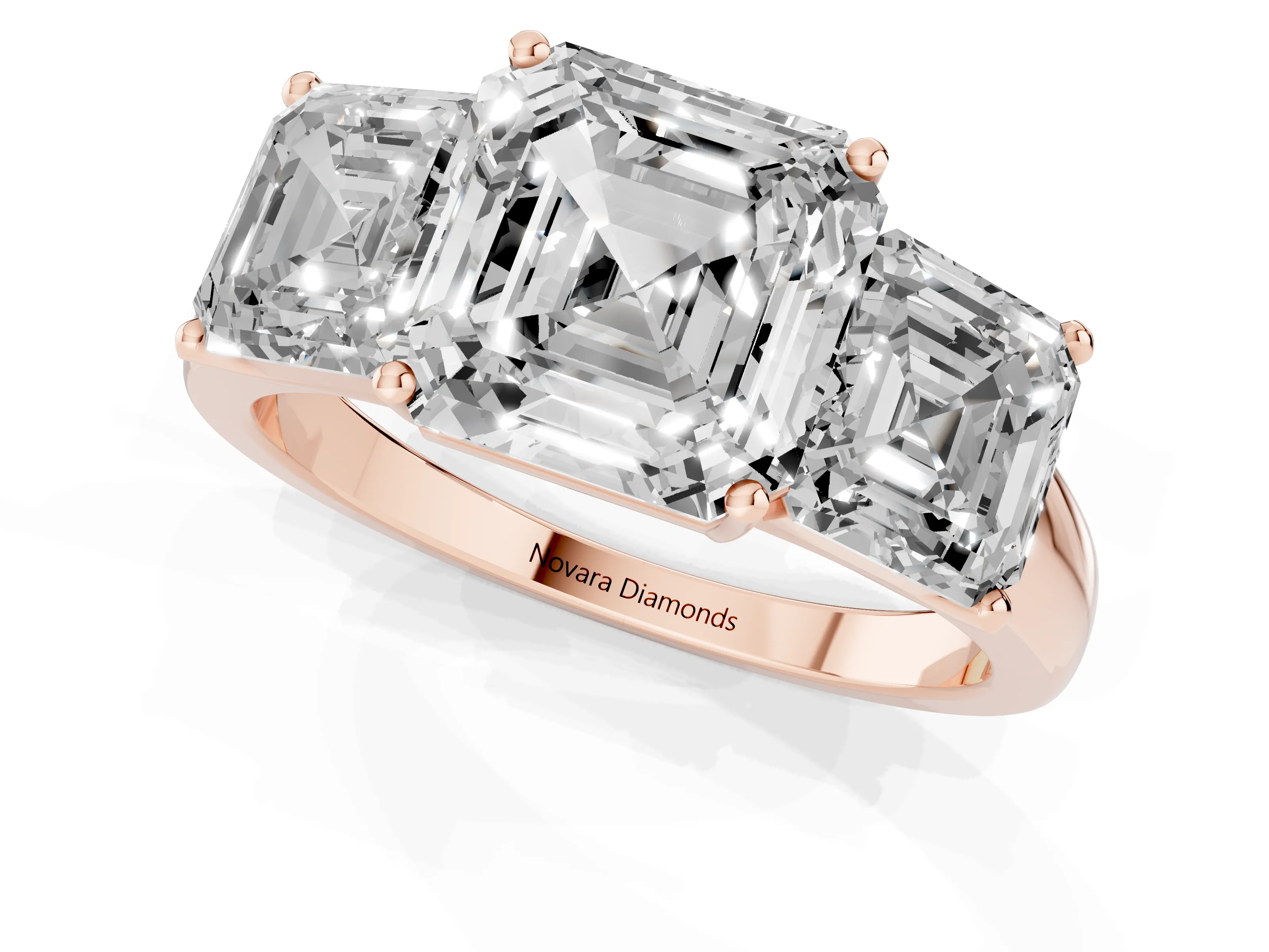 Asscher Cut Diamond Three-Stone Ring Set in Rose gold with Classic Prong Setting and Plain Band