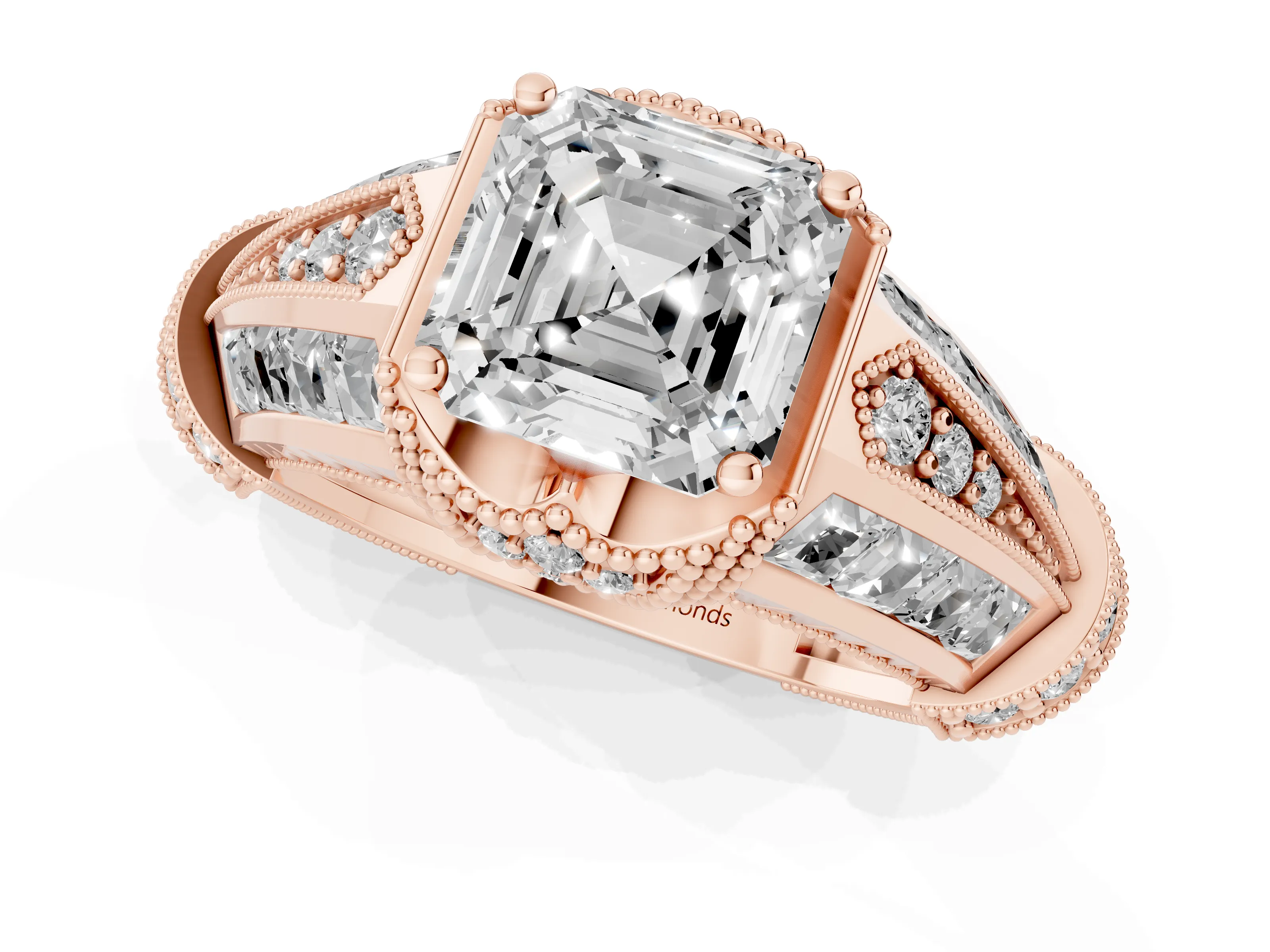 Asscher Cut Diamond Vintage-Inspired Milgrain Ring Set in Rose gold with Accent Split Shank