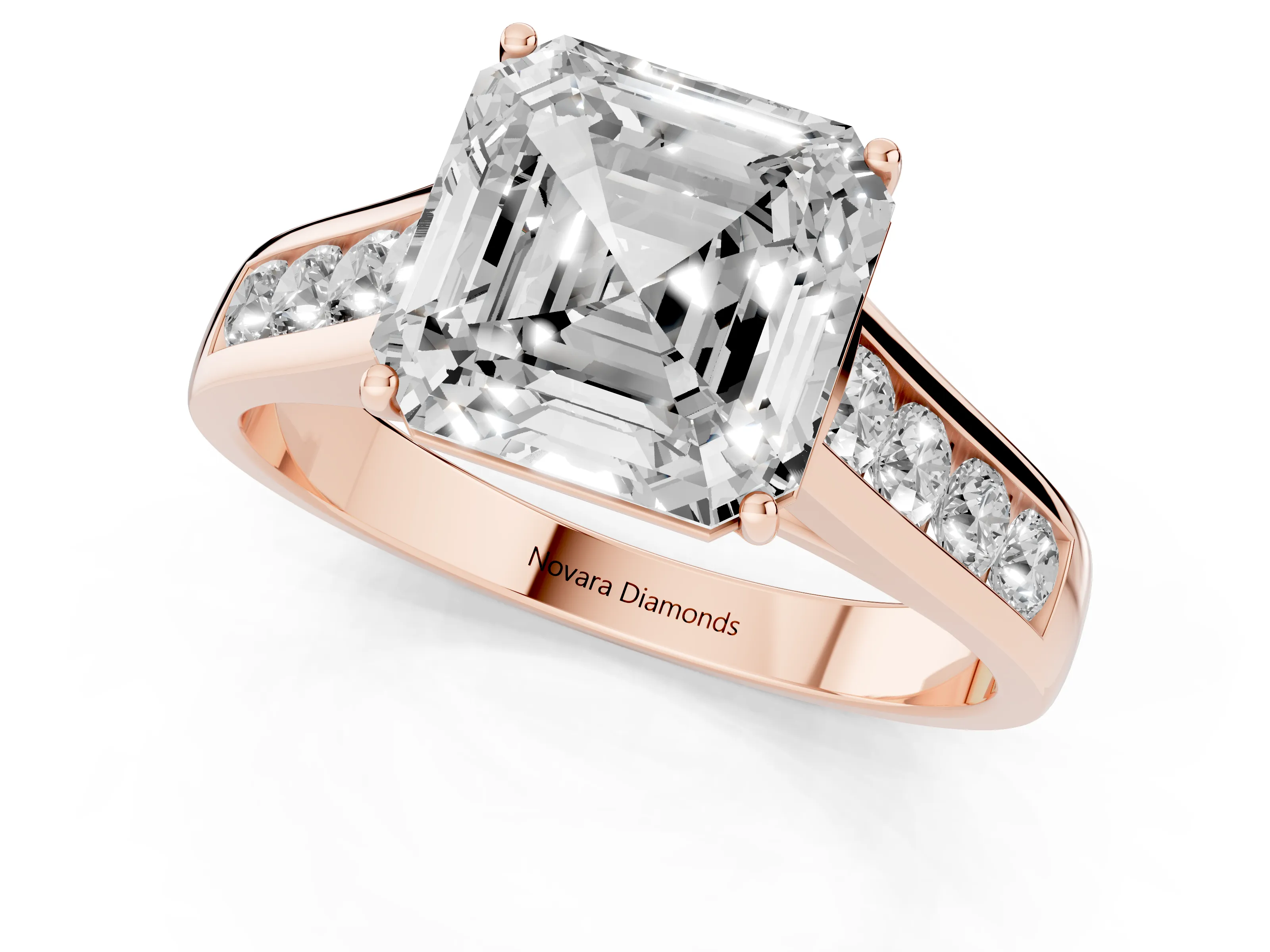 Asscher Cut Diamond Brilliant Channel-Set Solitaire Ring Set in Rose gold with Prong Setting
