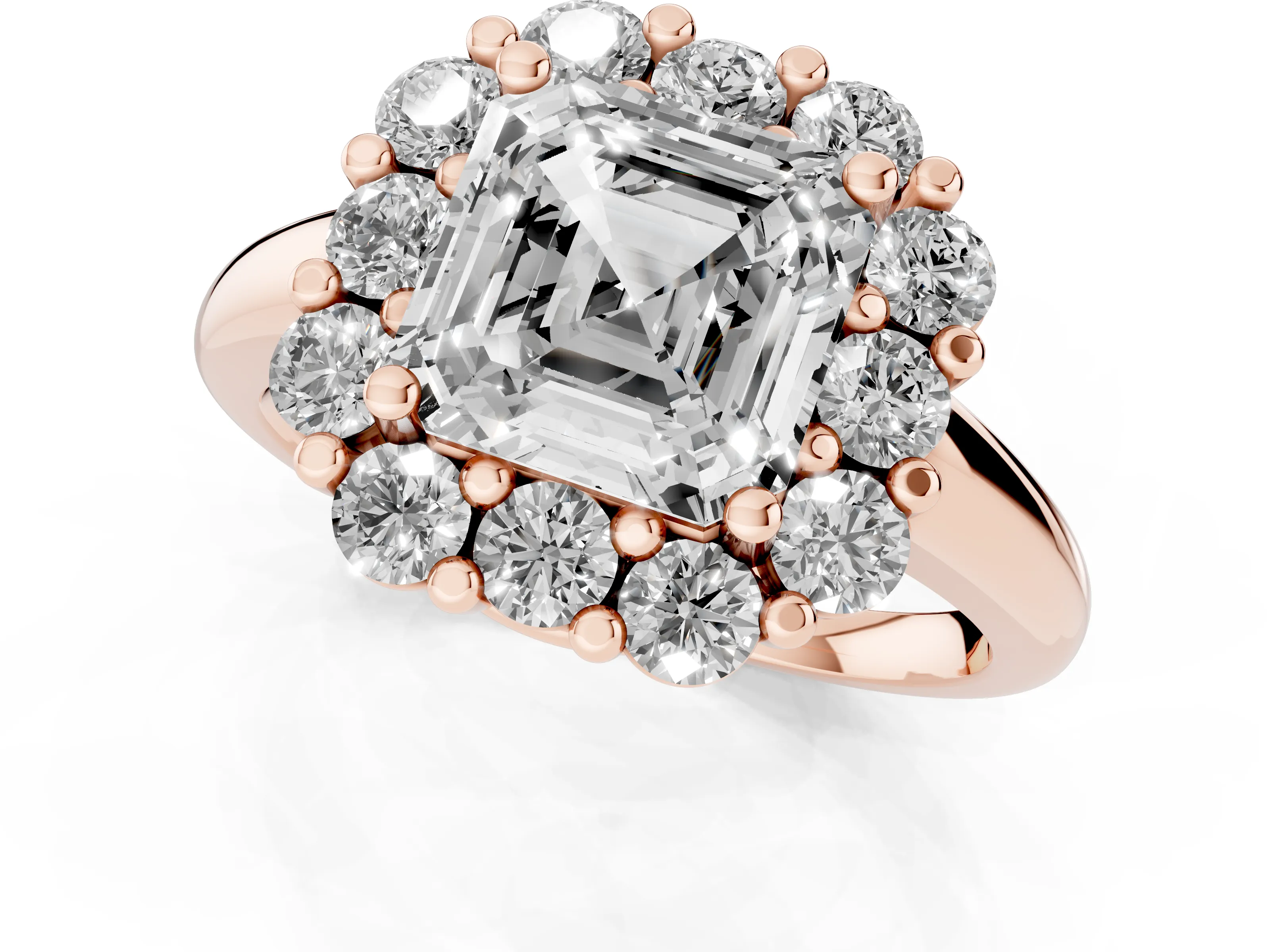 Asscher Cut Diamond Halo Cluster Engagement Ring Set in Rose gold with Polished Band and Prong Setting