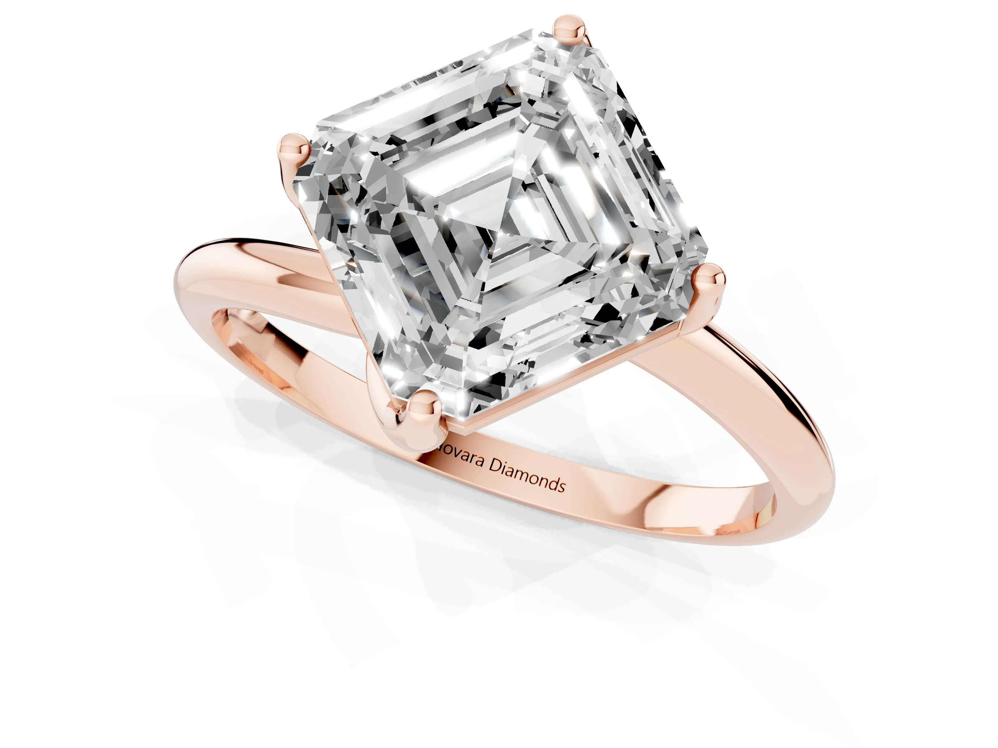 Asscher Cut Diamond Solitaire Engagement Ring Set in Rose gold with Classic Plain Band