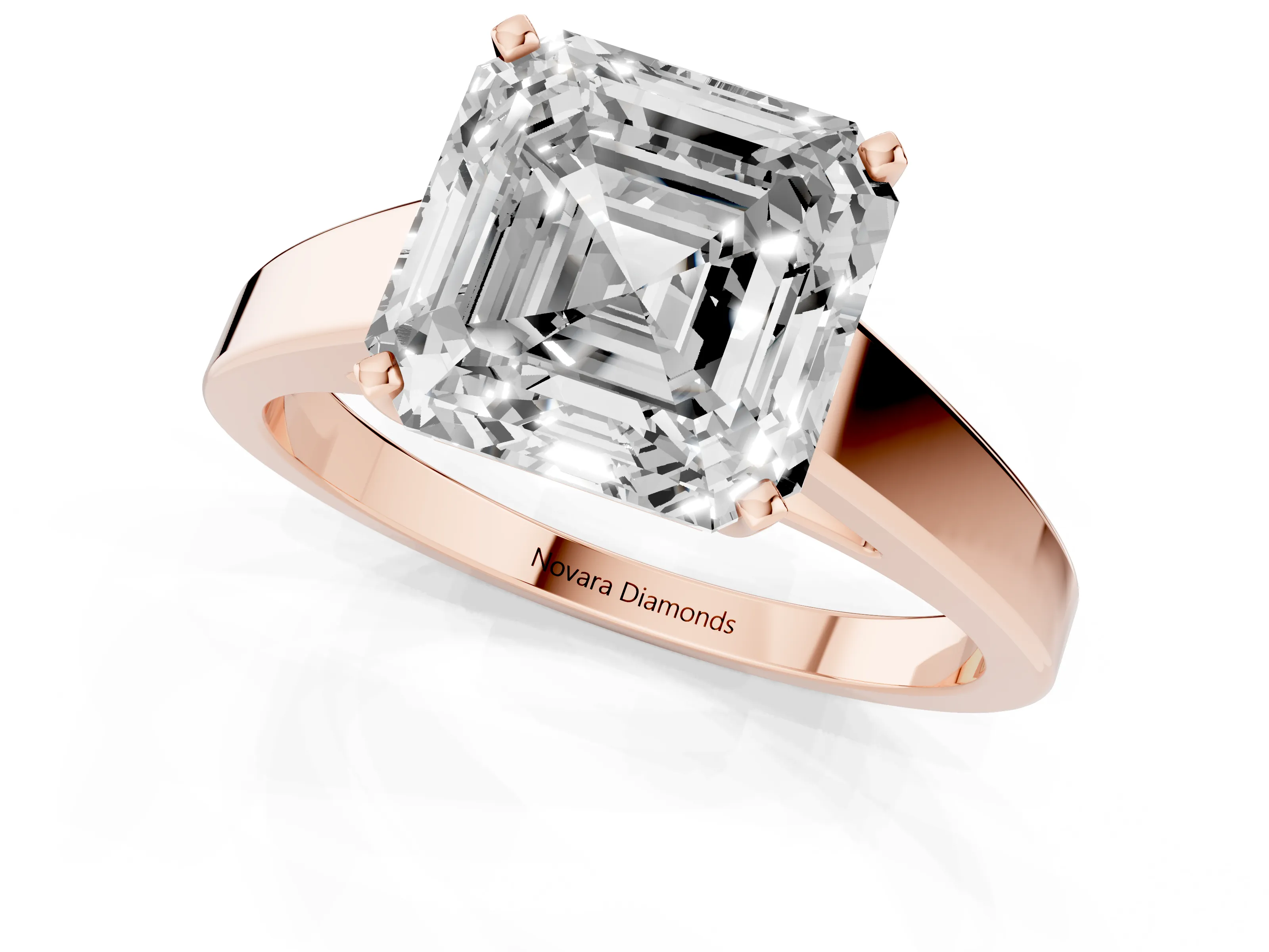 Asscher Cut Diamond Solitaire Engagement Ring Set in Rose gold with Prong Setting and Tapered Band