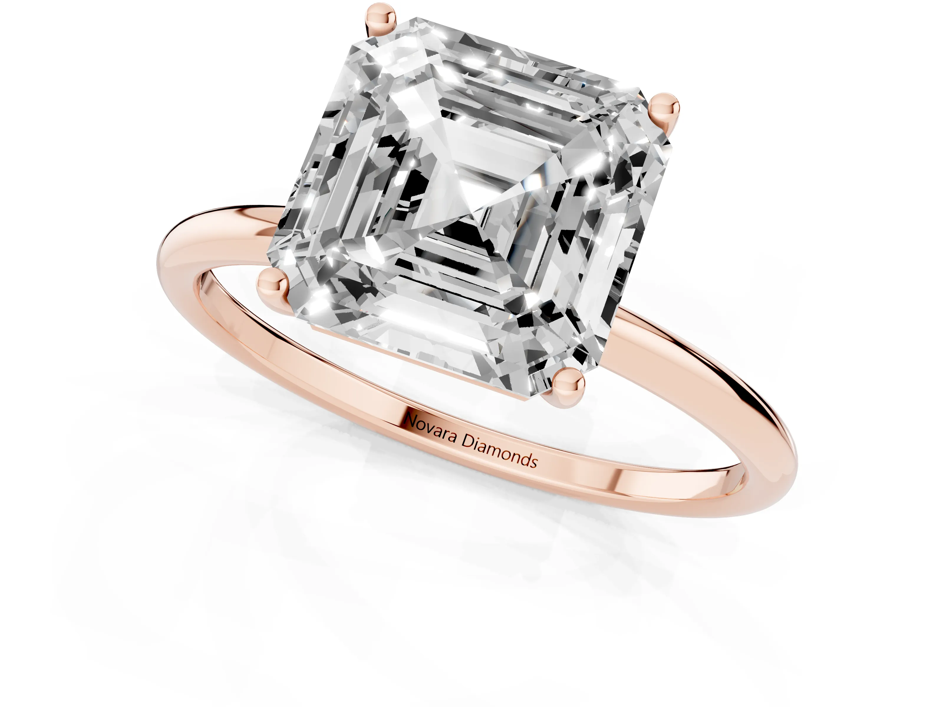 Asscher Cut Diamond Solitaire Engagement Ring Set in Rose gold with Thin Band and Prong Setting – second view