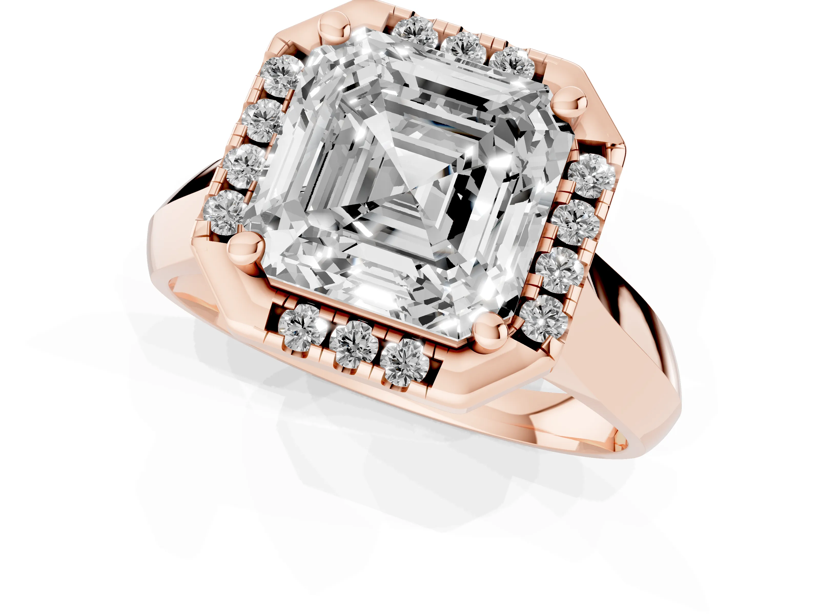Asscher Cut Diamond Halo Solitaire Engagement Ring Set in Rose gold with Square Band and Prong Setting – second view