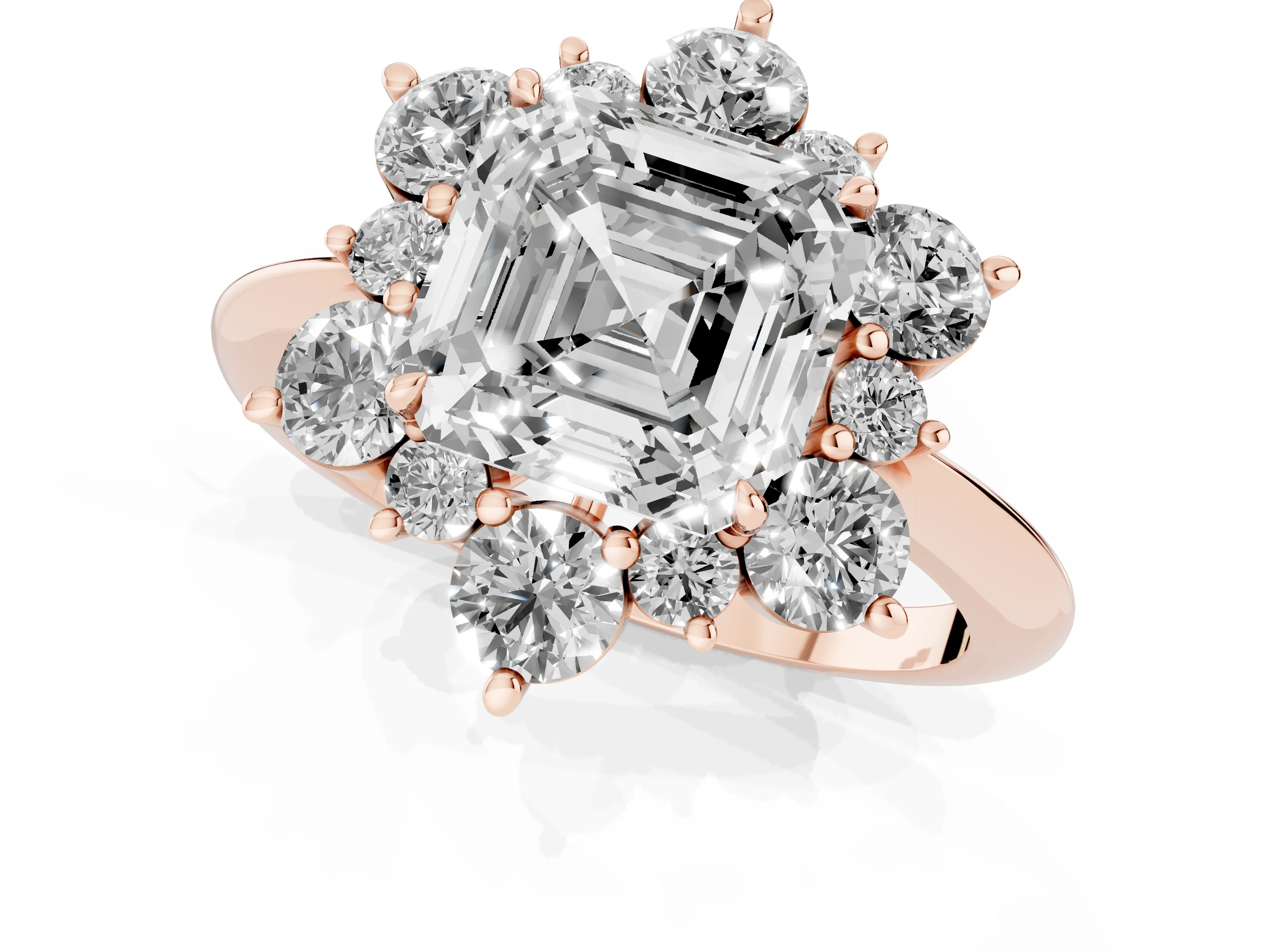 Asscher Cut Diamond Cluster Halo Ring Set in Rose gold with Solitaire Band and Prong Setting