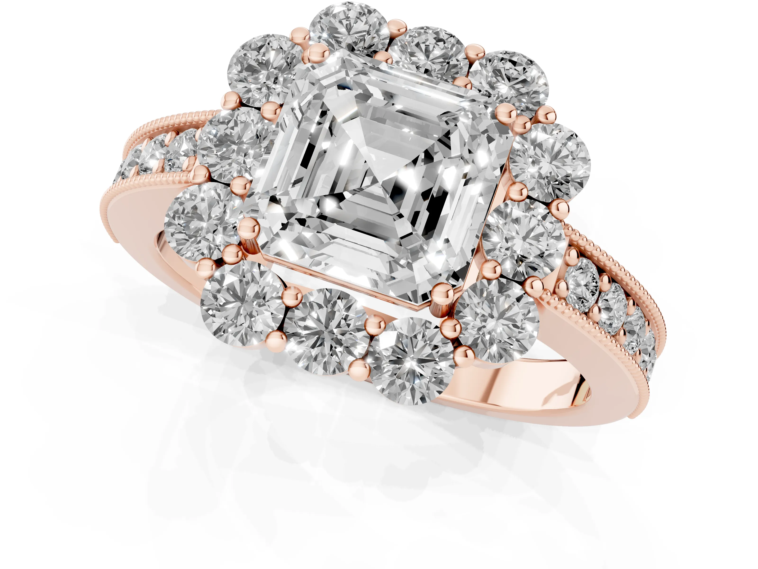 Asscher Cut Diamond Halo Pavé Engagement Ring Set in Rose gold with Milgrain Detailing