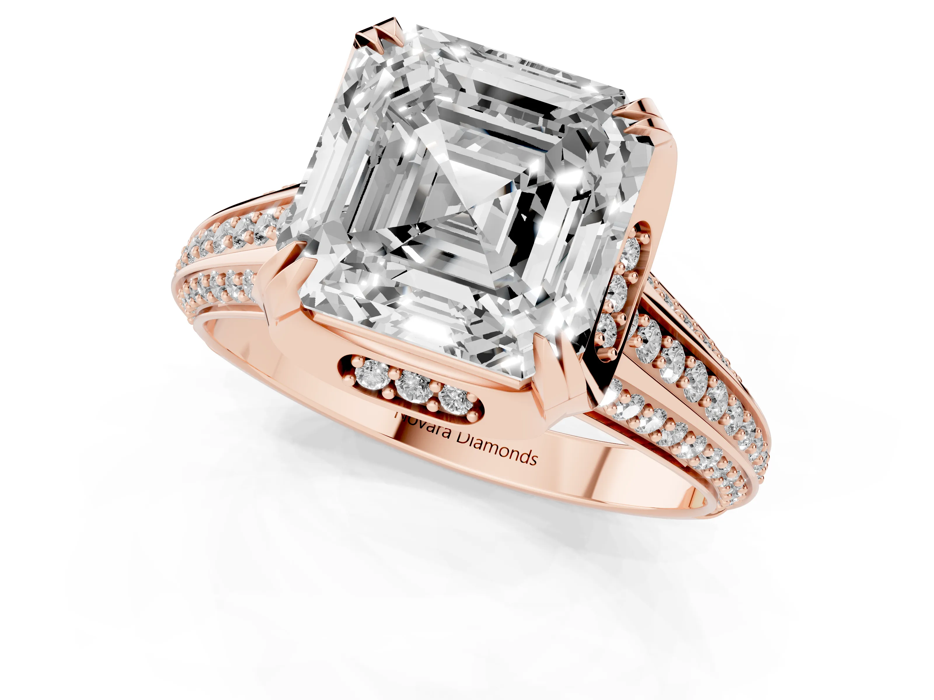 Asscher Cut Diamond Pavé Split Shank Solitaire Ring Set in Rose gold with Prong Setting