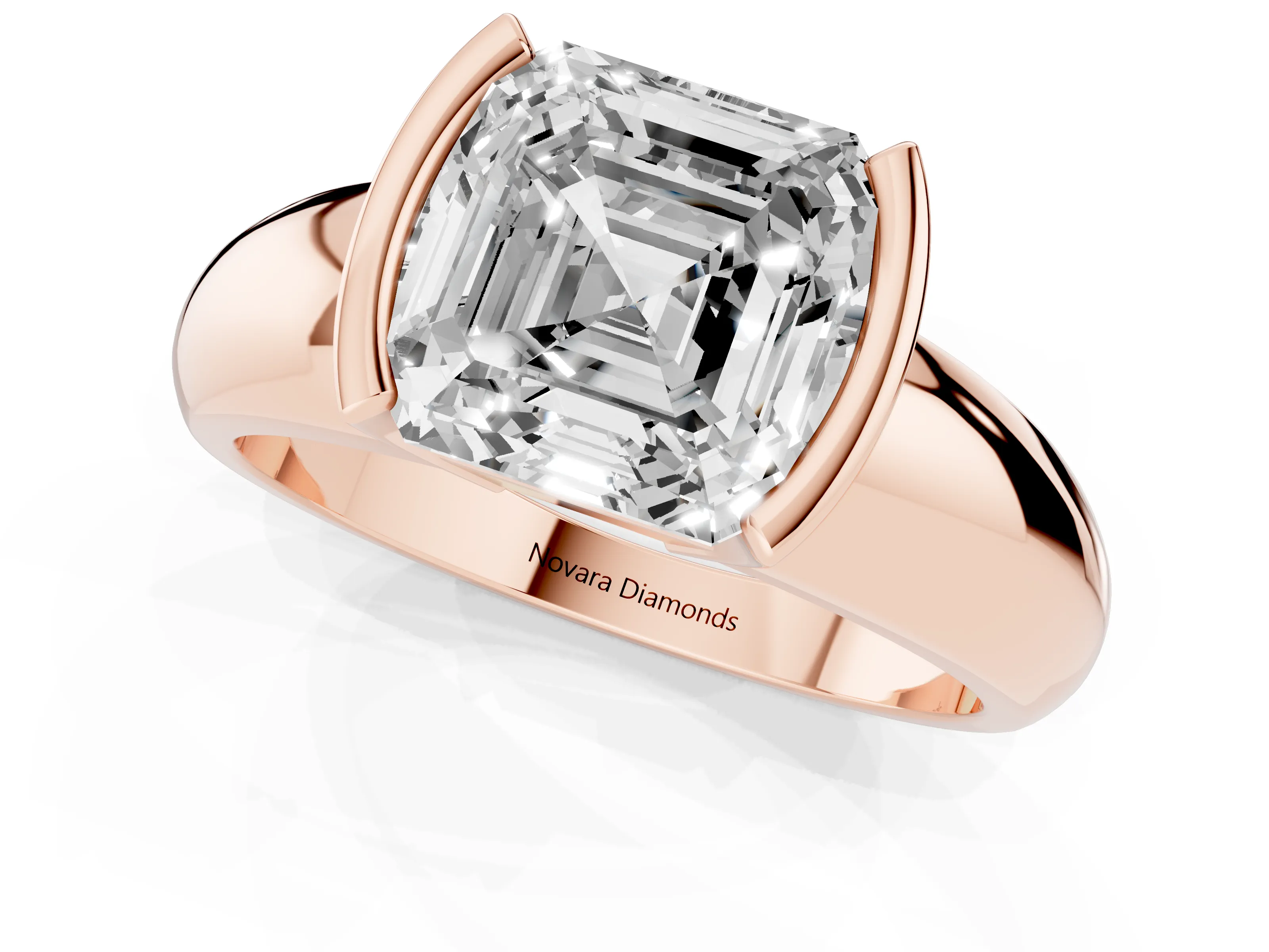 Asscher Cut Diamond Solitaire Tension Set Ring Set in Rose gold with Wide Band