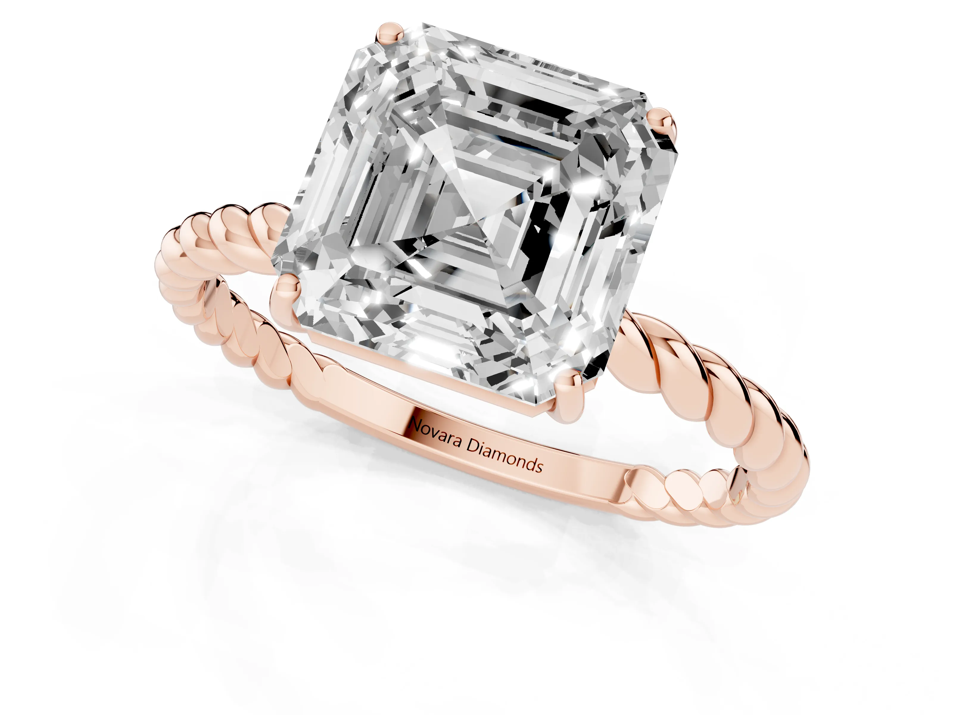 Asscher Cut Diamond Solitaire Ring Set in Rose gold with Twist Band and Prong Setting