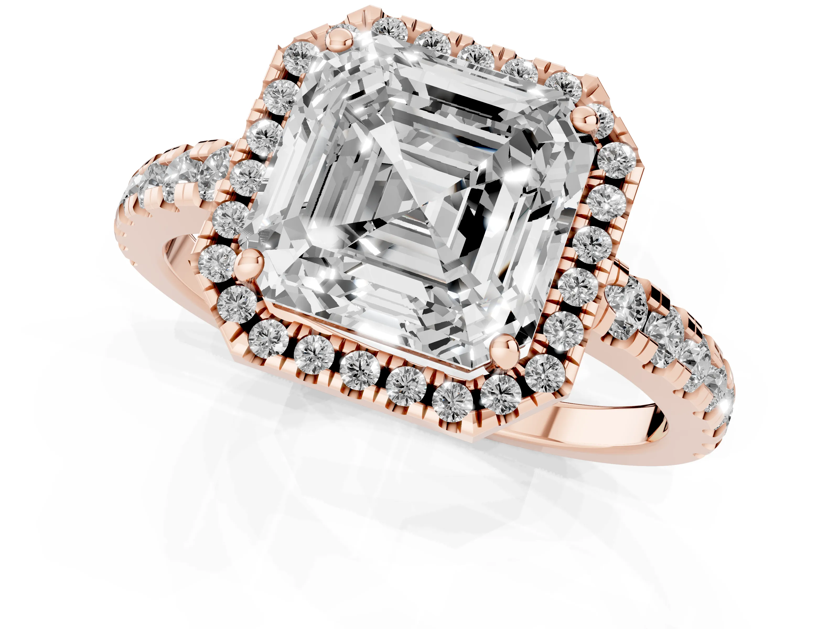 Asscher Cut Diamond Halo Ring Set in Rose gold with Delicate Pavé Band and Prong Setting