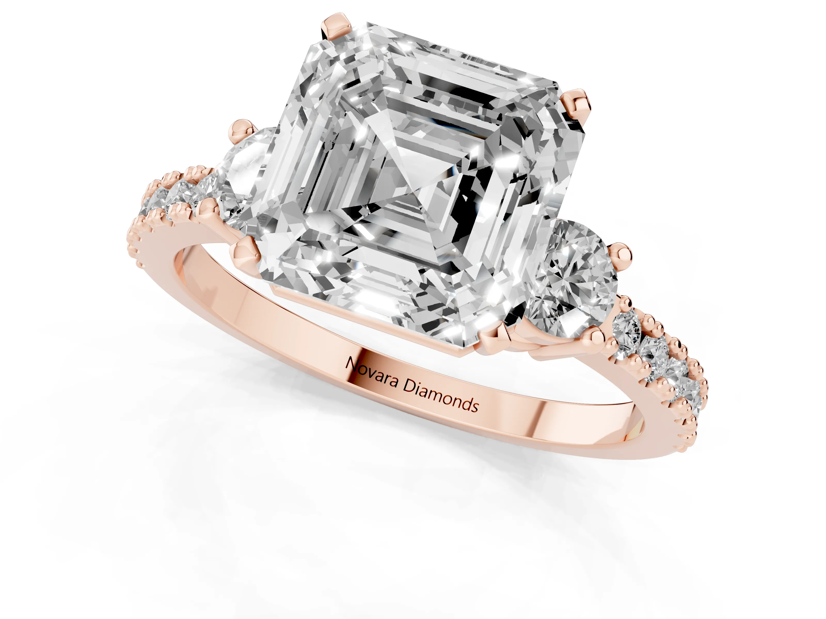 Three-Stone Asscher Cut Diamond Pavé Band Ring Set in Rose gold with Prong Setting