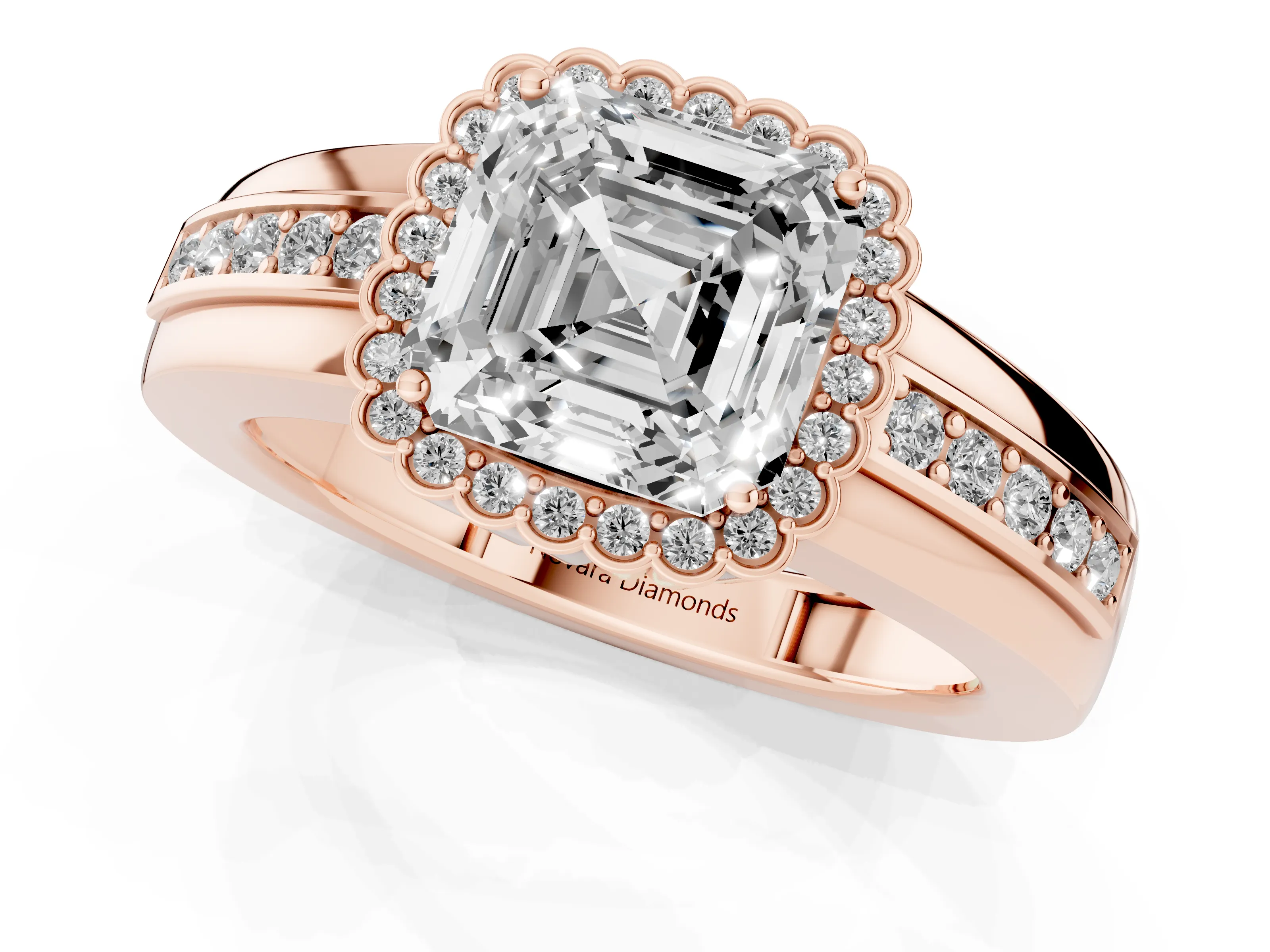 Asscher Cut Diamond Halo Prong Ring Set in Rose gold with Pavé Band
