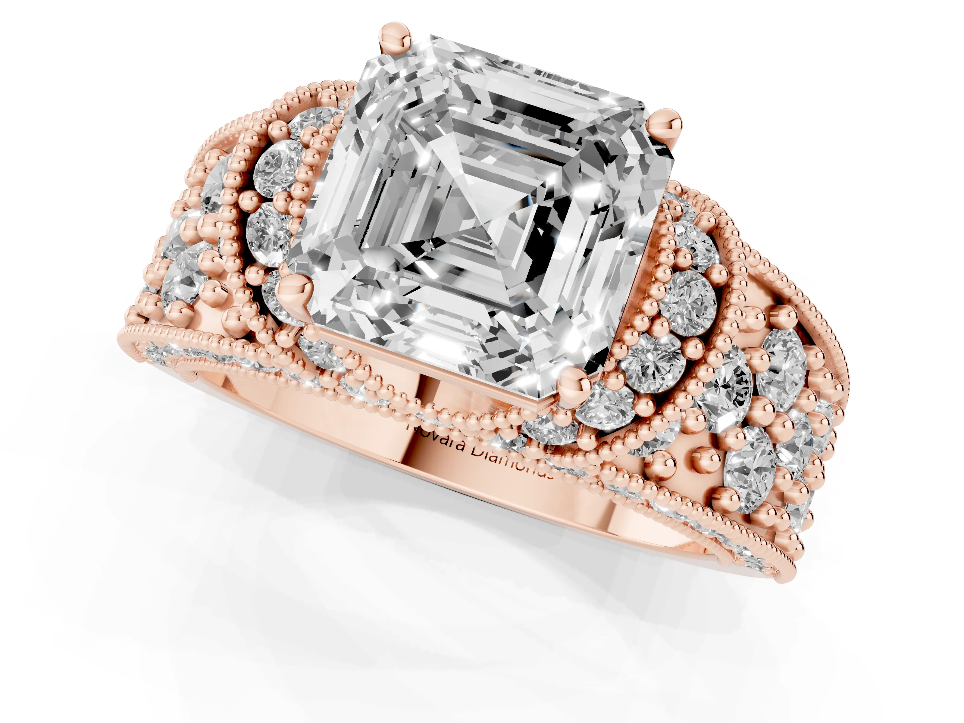 Asscher Cut Diamond Milgrain Halo Pavé Engagement Ring Set in Rose gold with Prong Setting