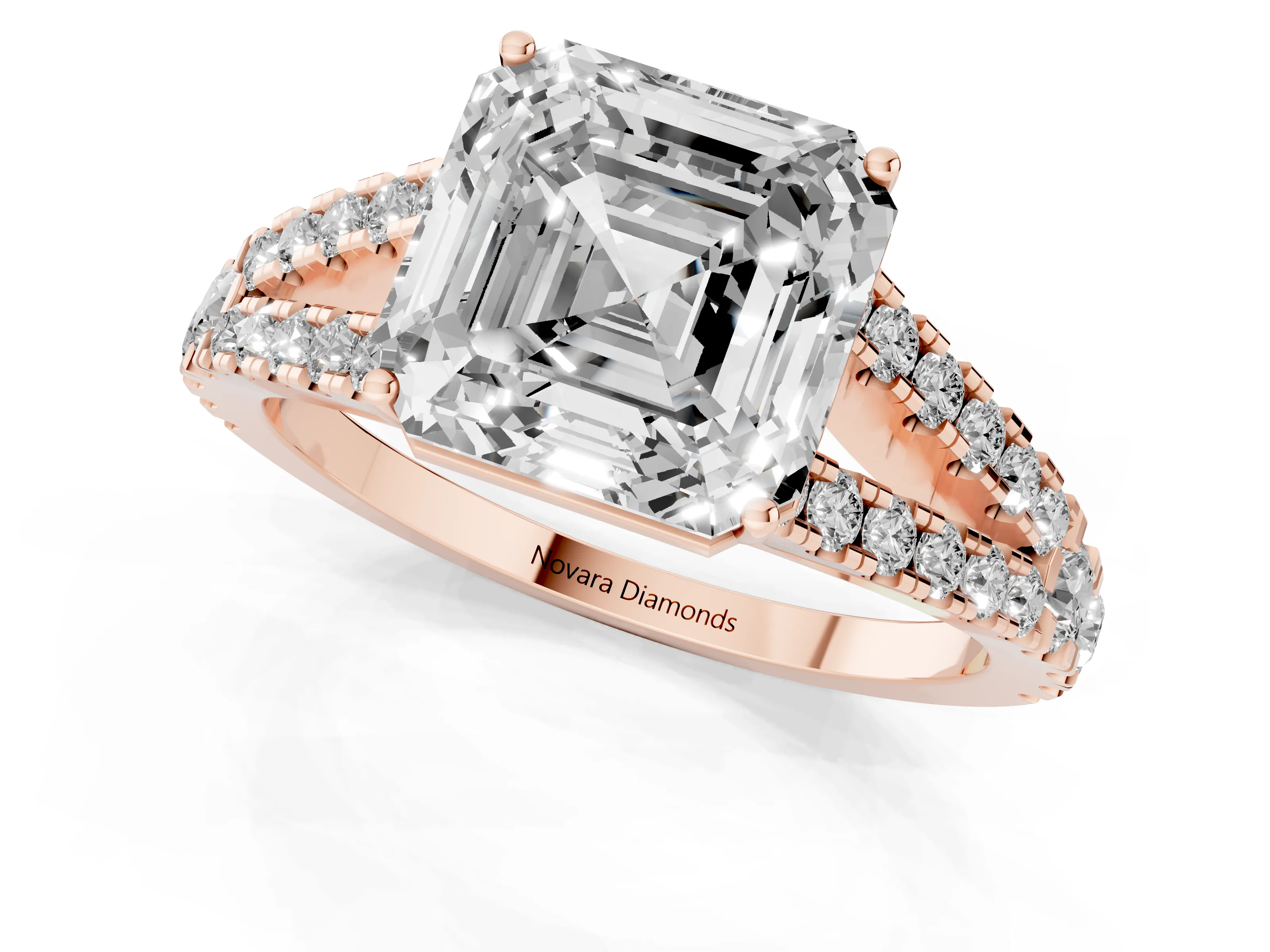 Asscher Cut Diamond Split Shank Pavé Engagement Ring Set in Rose gold with Prong-Held Center Stone