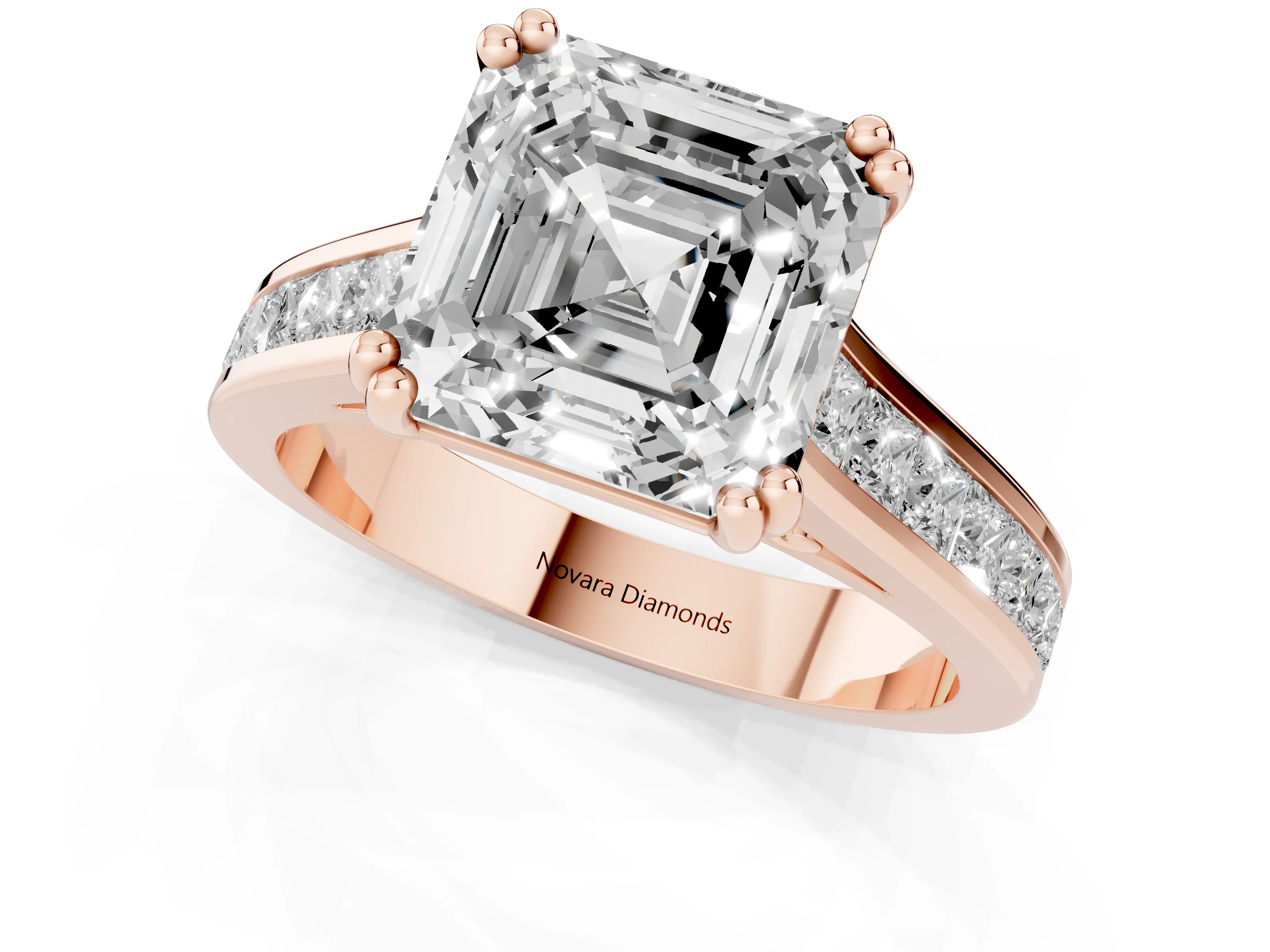 Asscher Cut Diamond Channel Set Solitaire Engagement Ring Set in Rose gold with Prong Setting