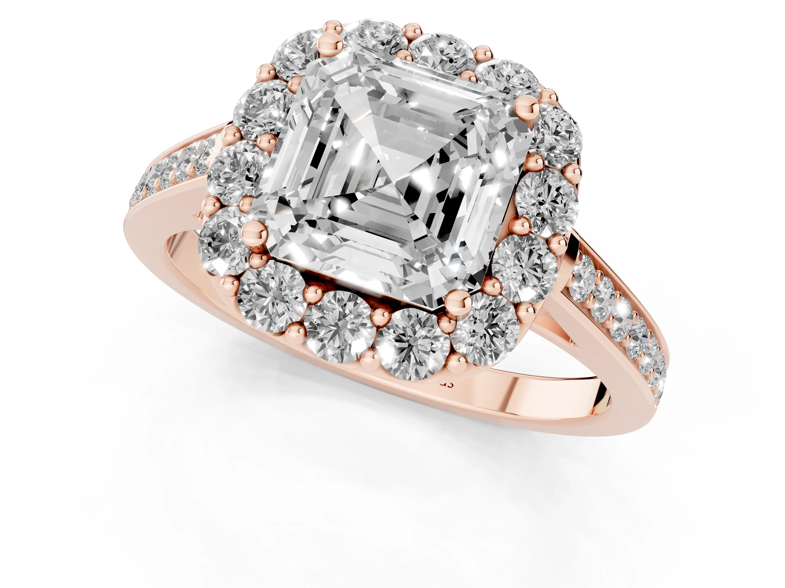 Asscher Cut Diamond Floral Halo Ring Set in Rose gold with Pavé Band and Prong Setting
