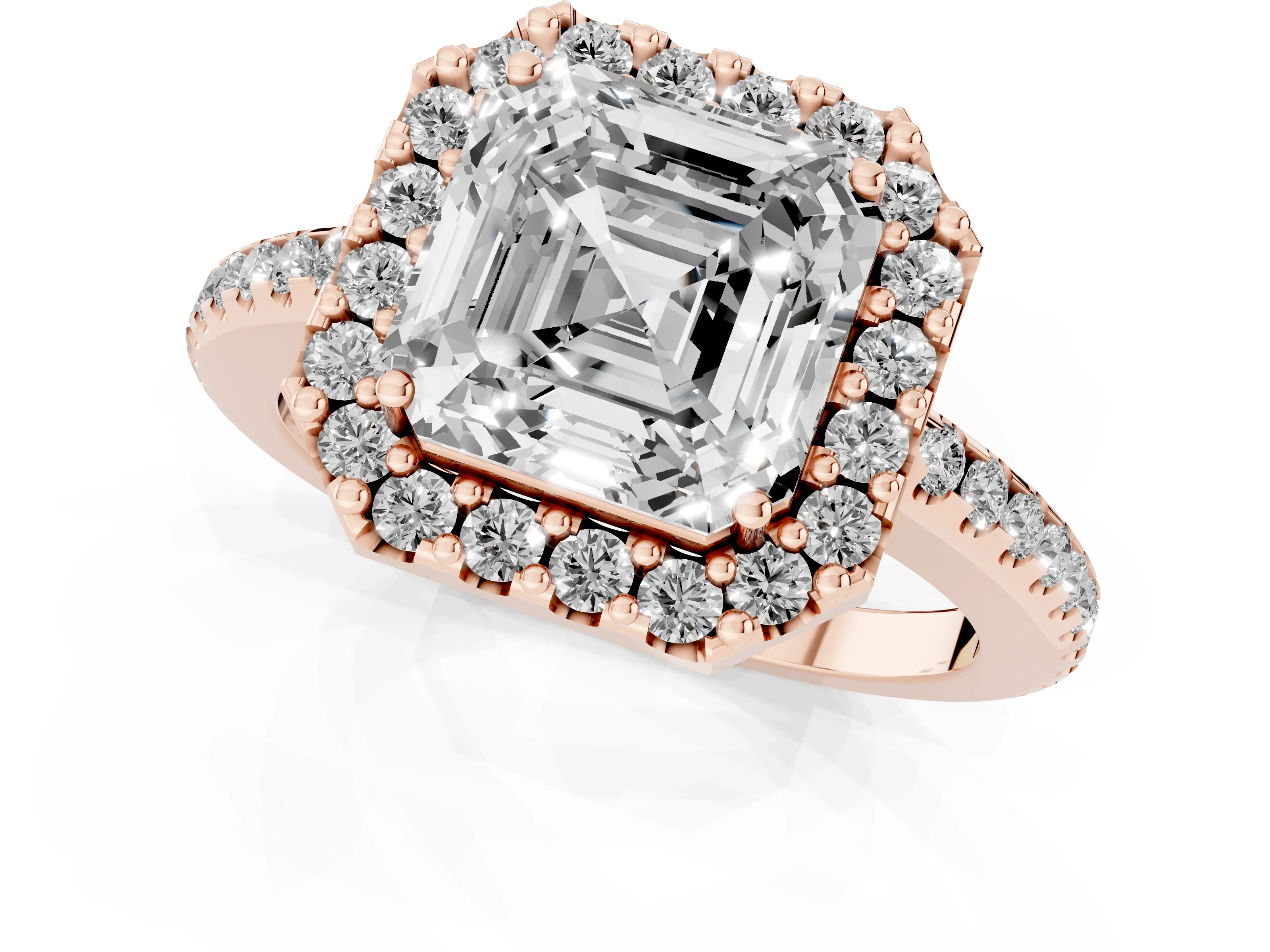 Asscher Cut Diamond Pavé Halo Ring Set in Rose gold with Prong Setting