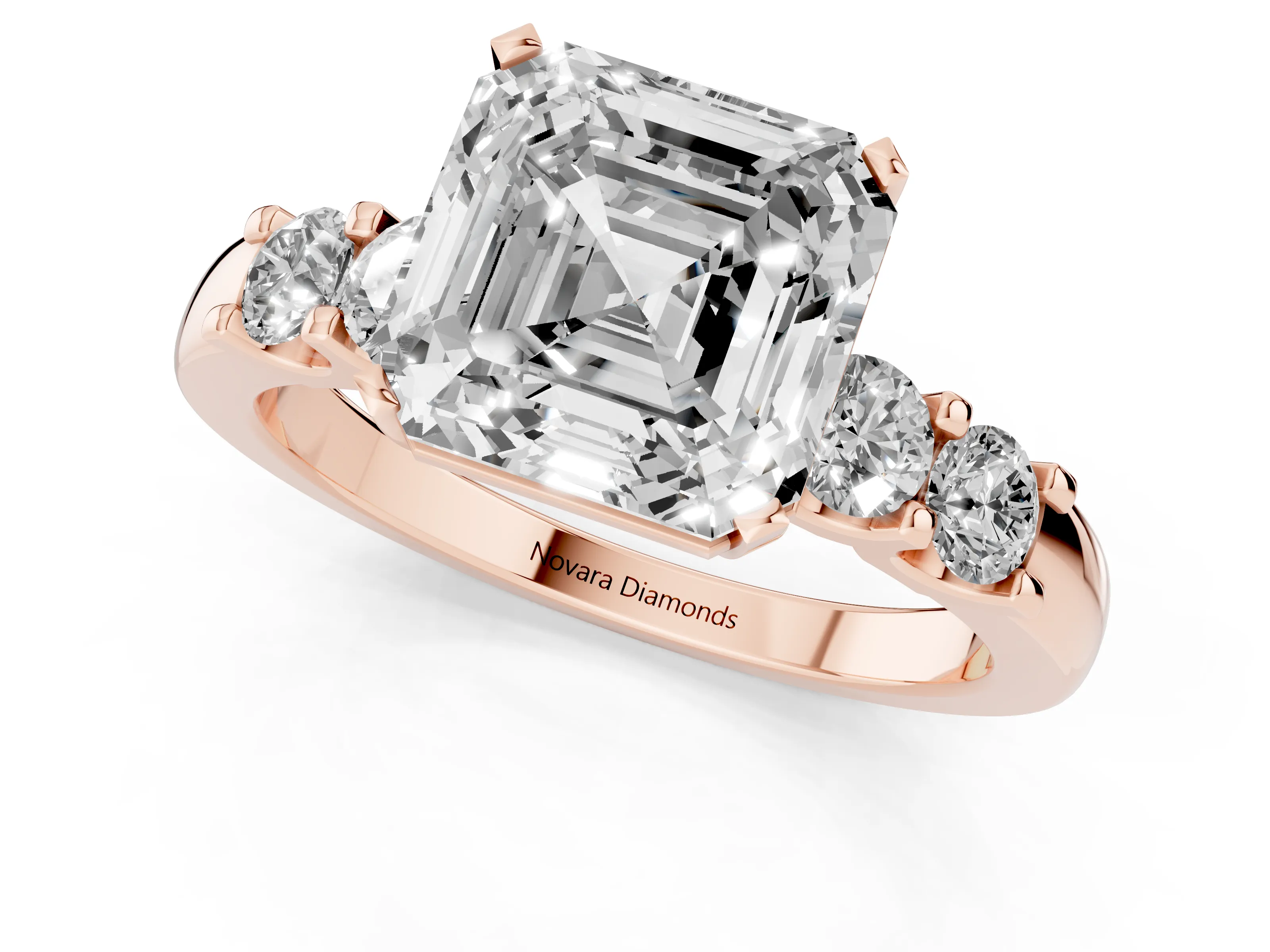 Asscher Cut Diamond Five-Stone Prong Set Engagement Ring Set in Rose gold with Channel Band