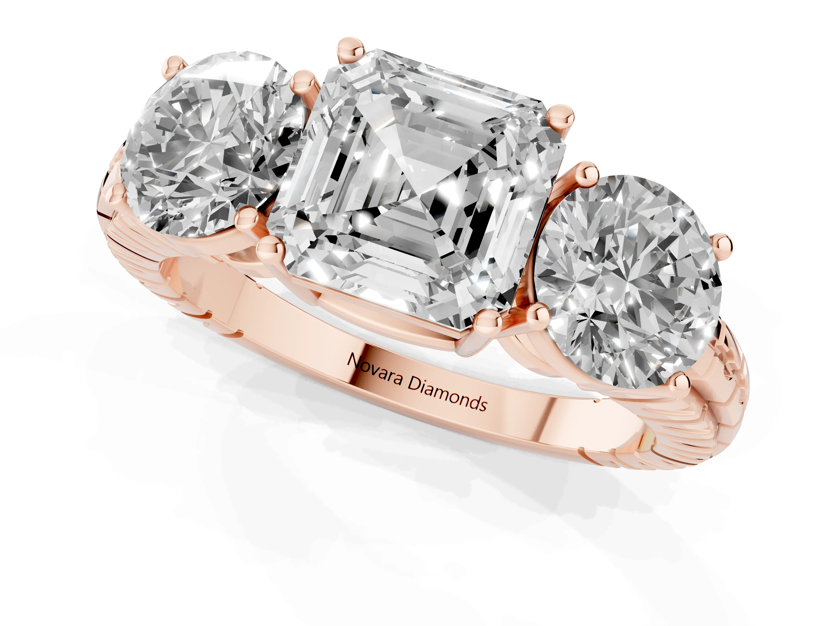 Asscher Cut Diamond Three-Stone Ring Set in Rose gold with Channel-Set Accent Band