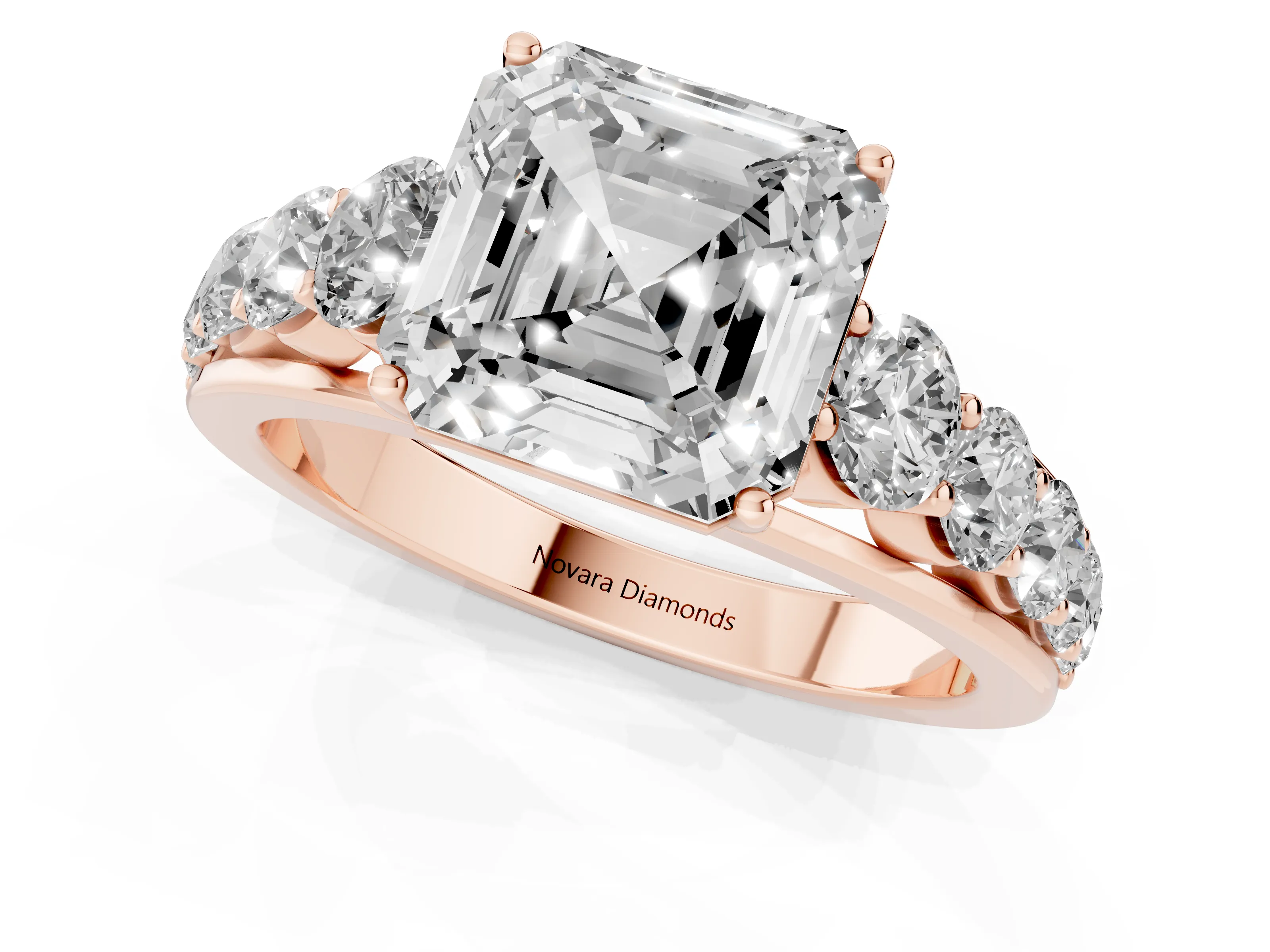 Asscher Cut Diamond Solitaire Ring Set in Rose gold with Pavé-Set Band and Prong Setting