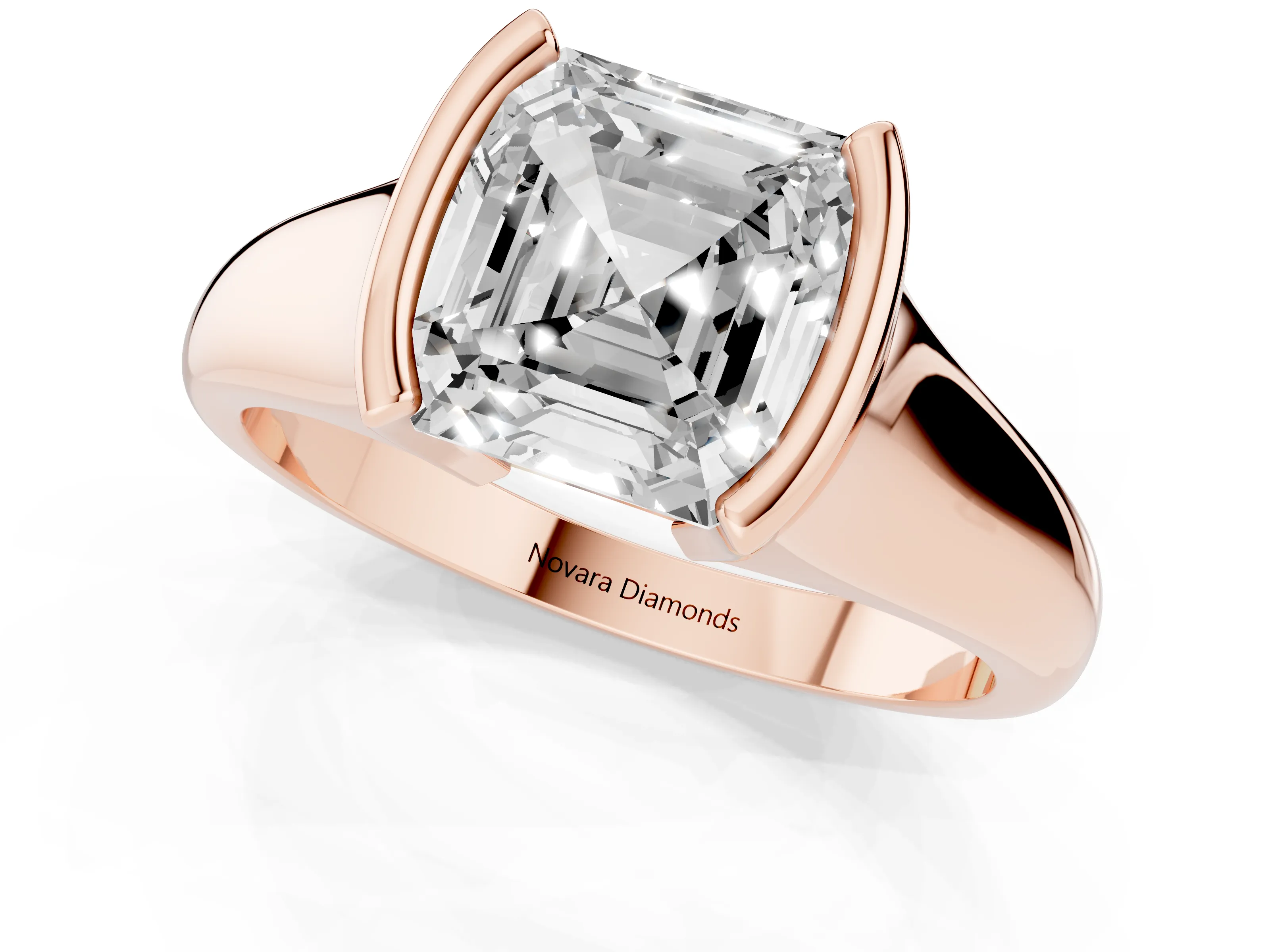 Asscher Cut Diamond Solitaire Tension Set Ring Set in Rose gold with Split Shank Band