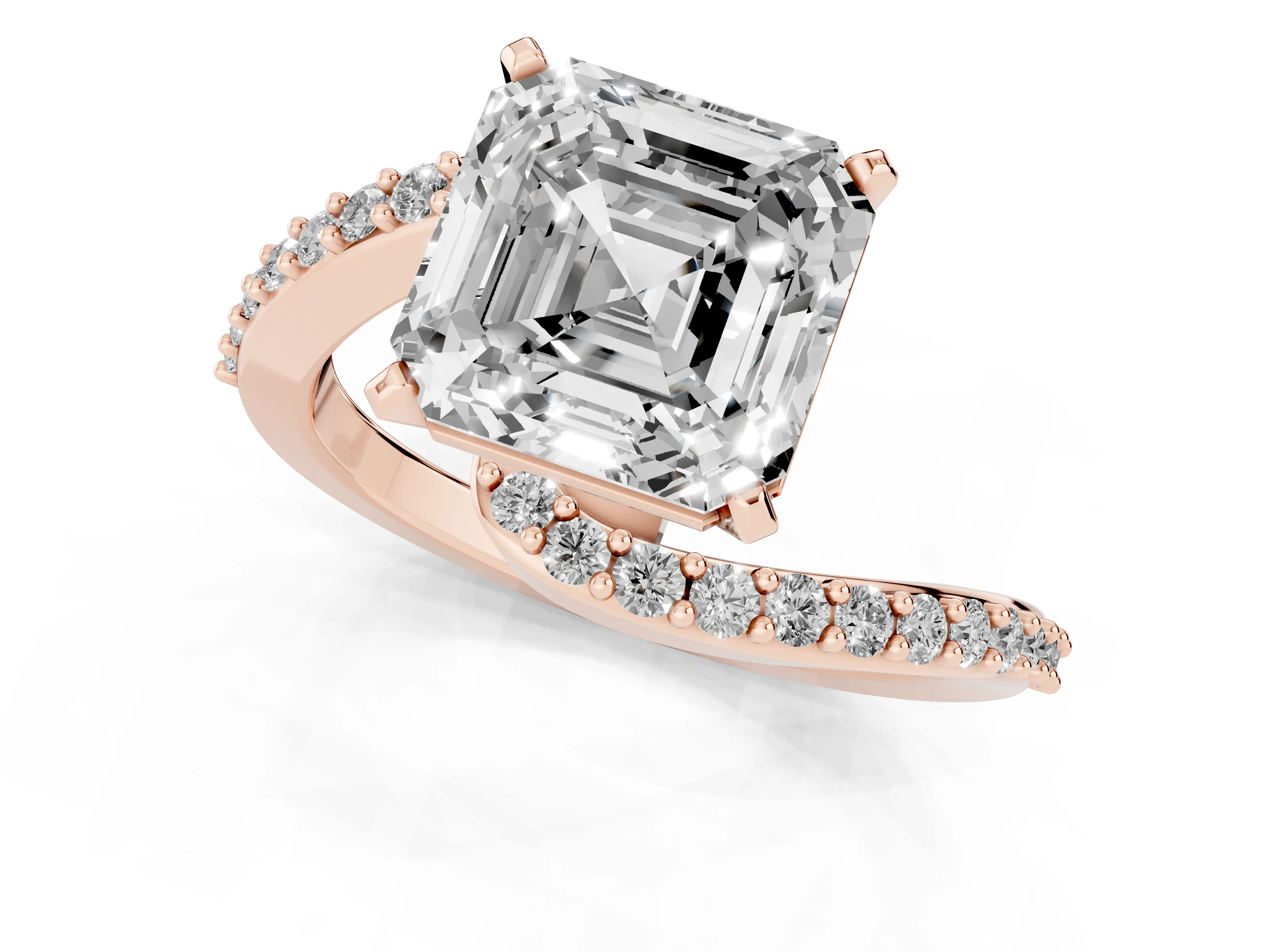 Asscher Cut Diamond Solitaire Ring Set in Rose gold with Pavé Twist Band and Prong Setting