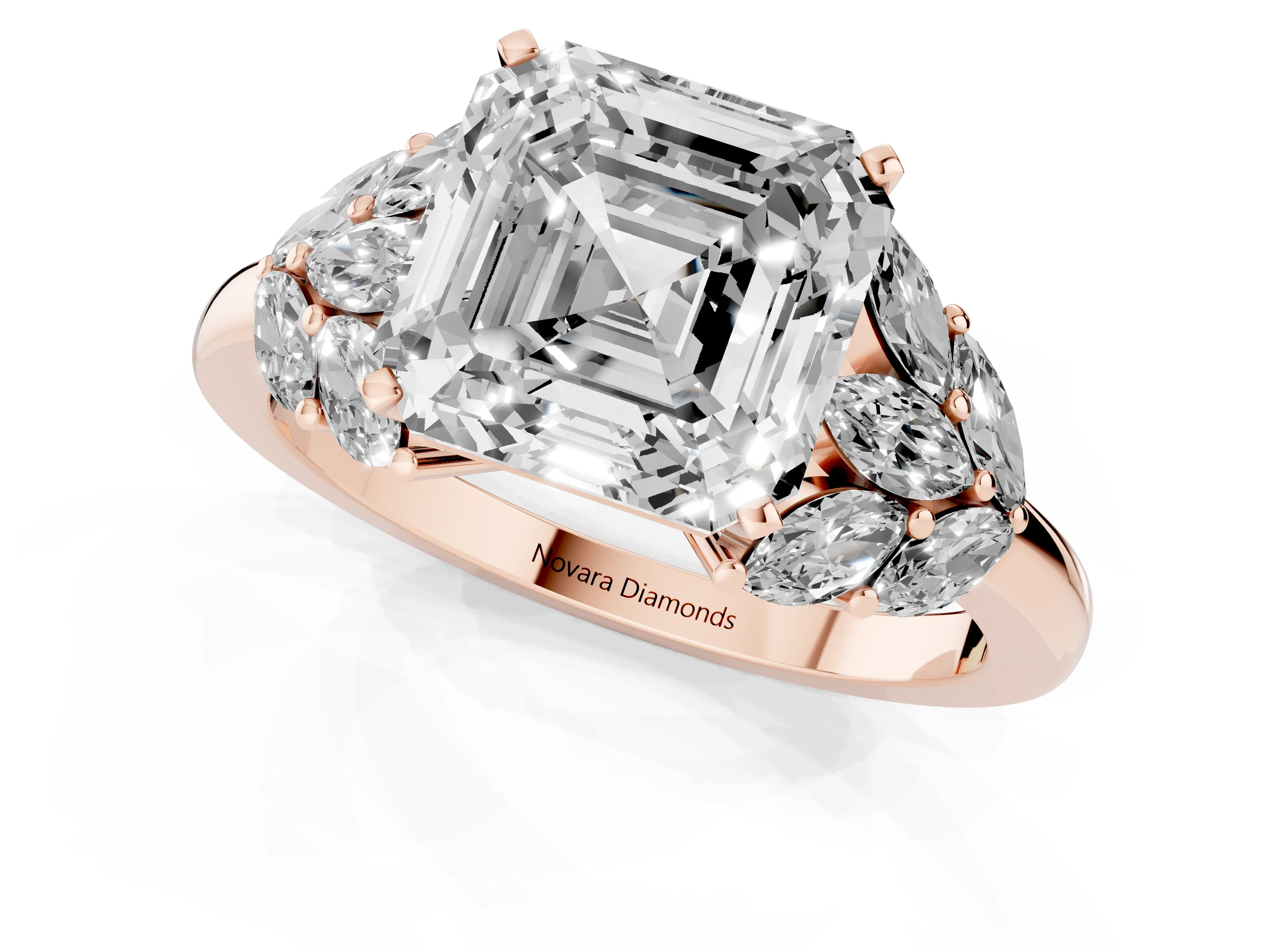 Asscher Cut Diamond Cluster Leaf Design Ring Set in Rose gold with Prong Setting
