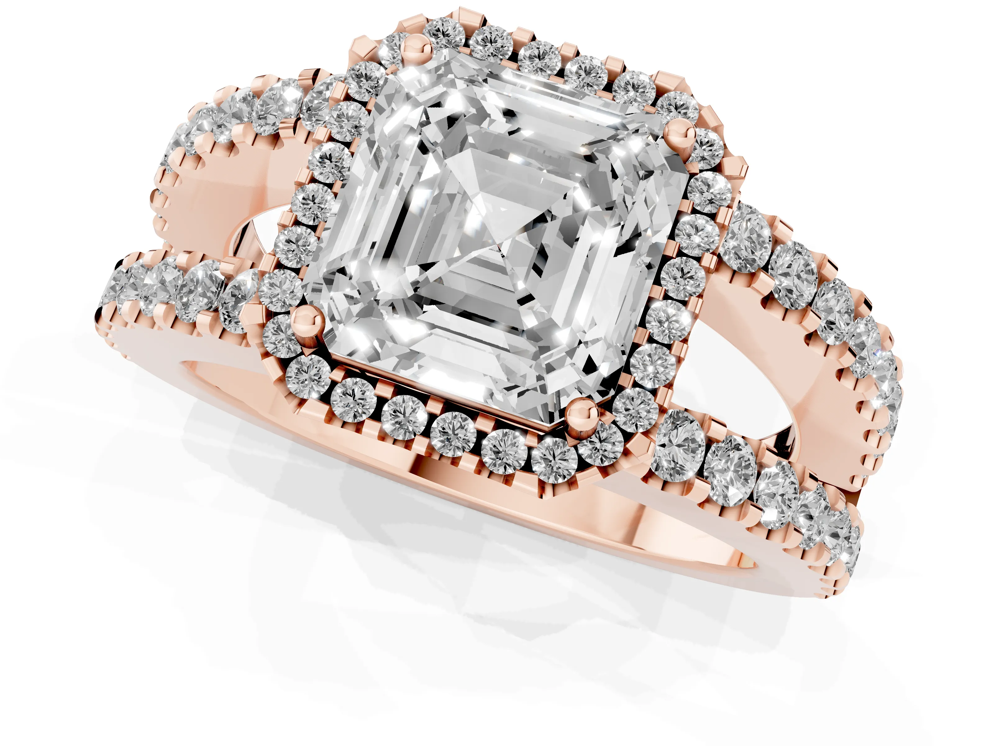 Asscher Cut Diamond Halo Ring Set in Rose gold with Pavé Split Shank and Prong Setting – second view