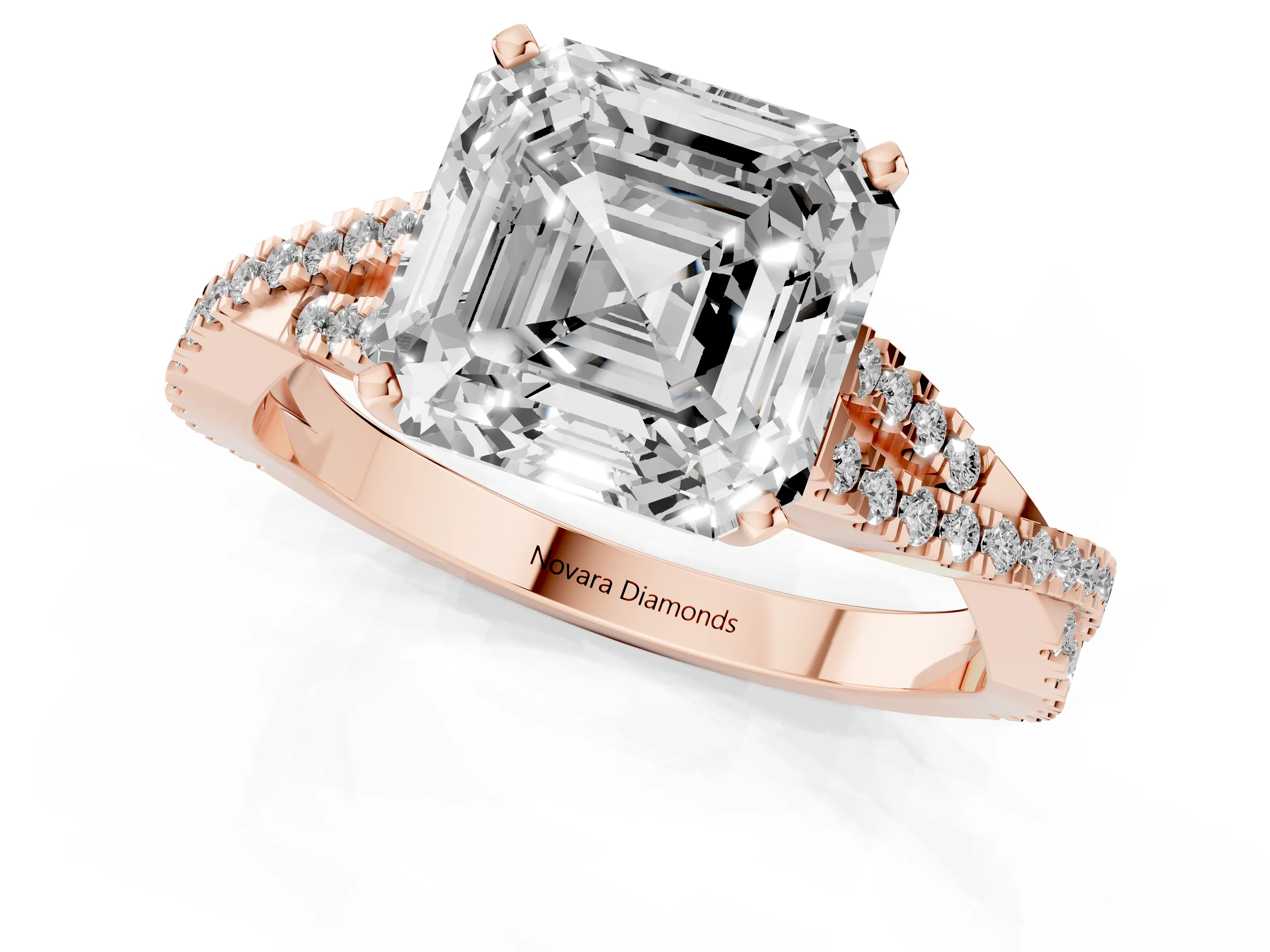 Asscher Cut Diamond Solitaire Engagement Ring Set in Rose gold with Twisted Pavé Band and Prong Setting