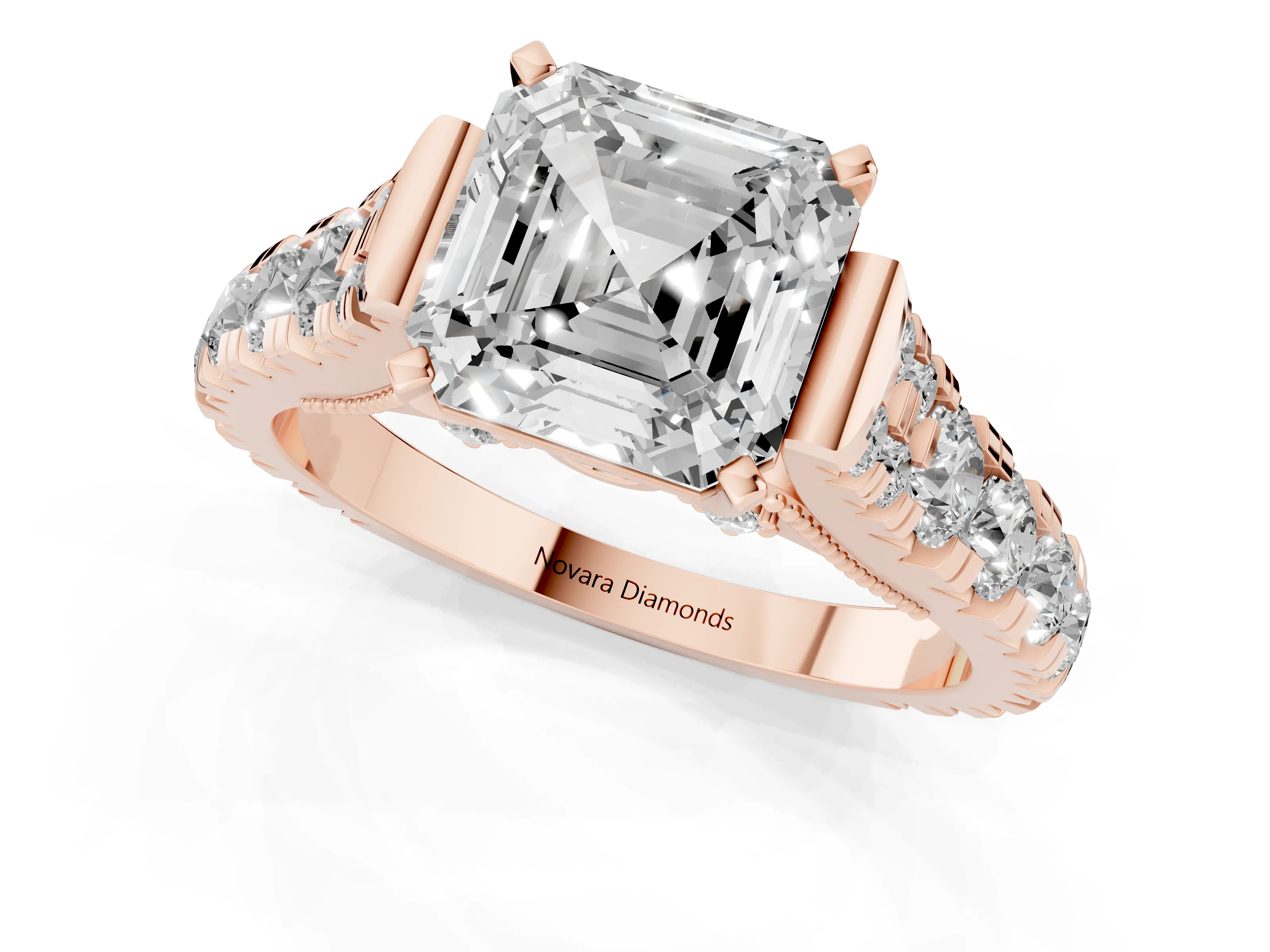 Asscher Cut Diamond Classic Solitaire Ring Set in Rose gold with Pavé Band and Prong Setting