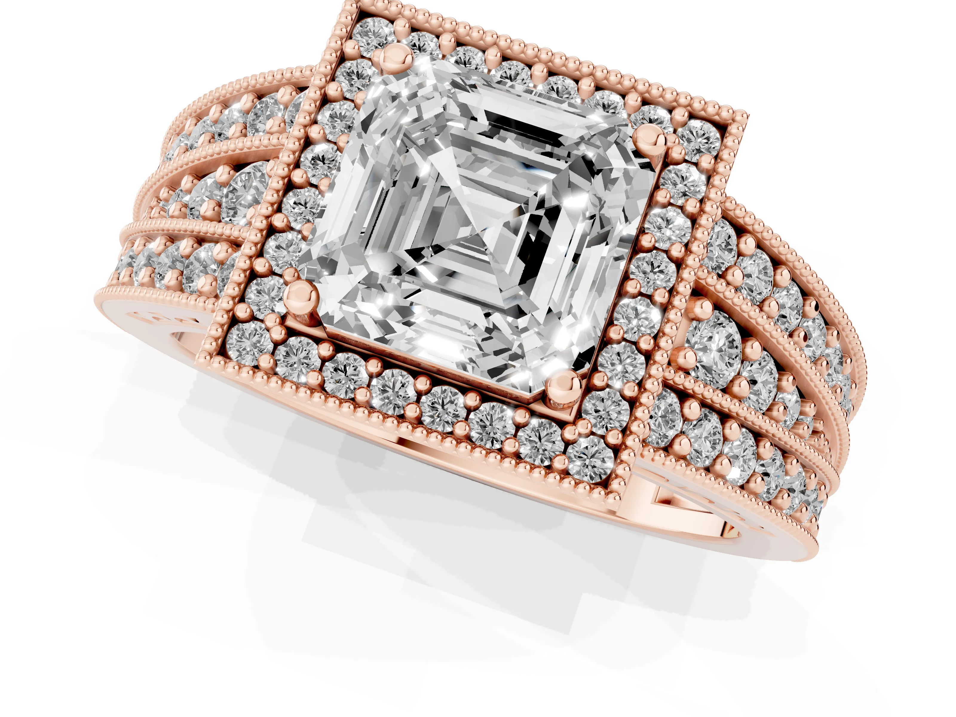 Asscher Cut Diamond Halo Ring Set in Rose gold with Accent Split Shank and Prong Setting
