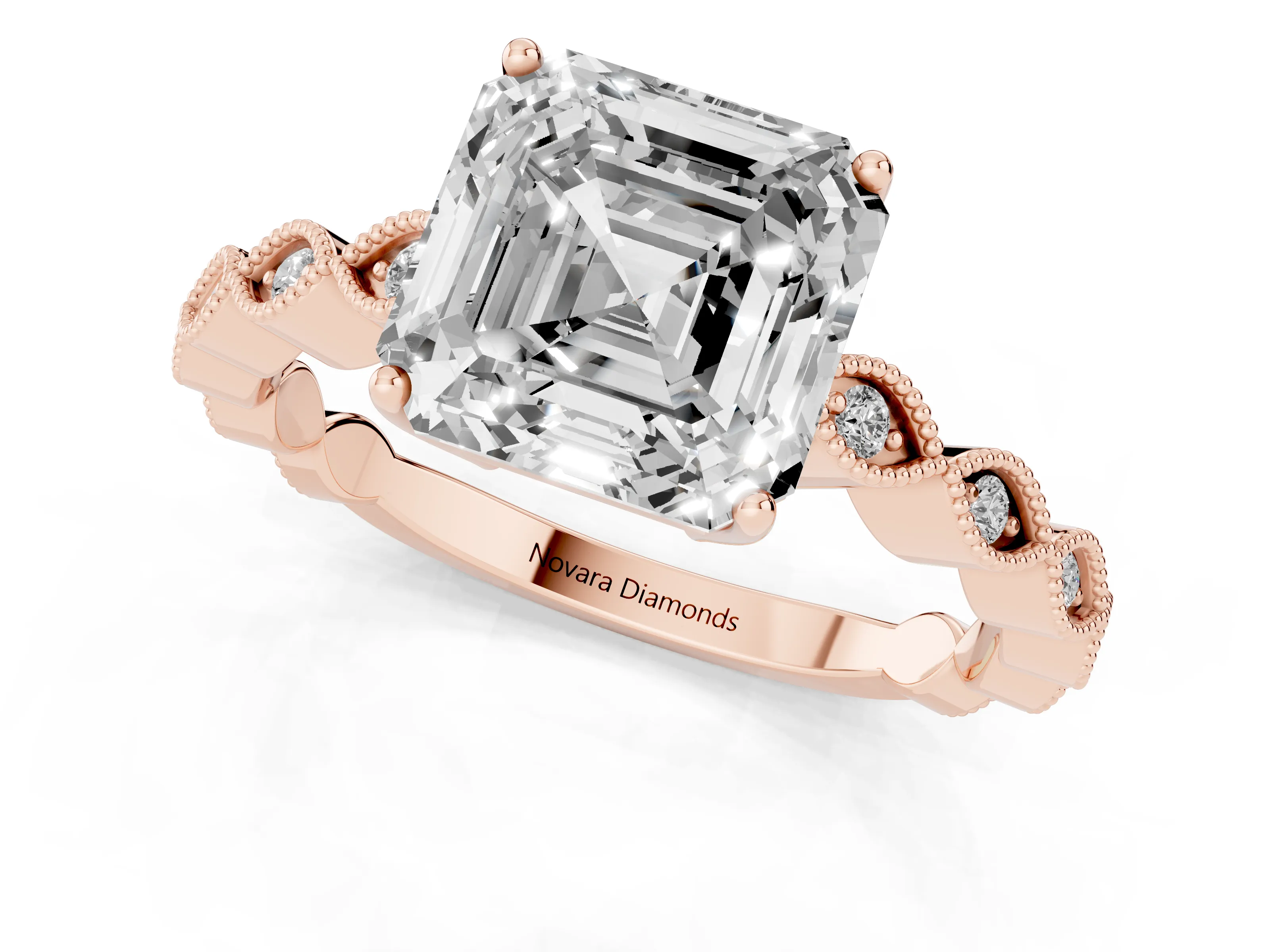 Asscher Cut Diamond Solitaire Ring Set in Rose gold with Infinity Twist Pavé Band