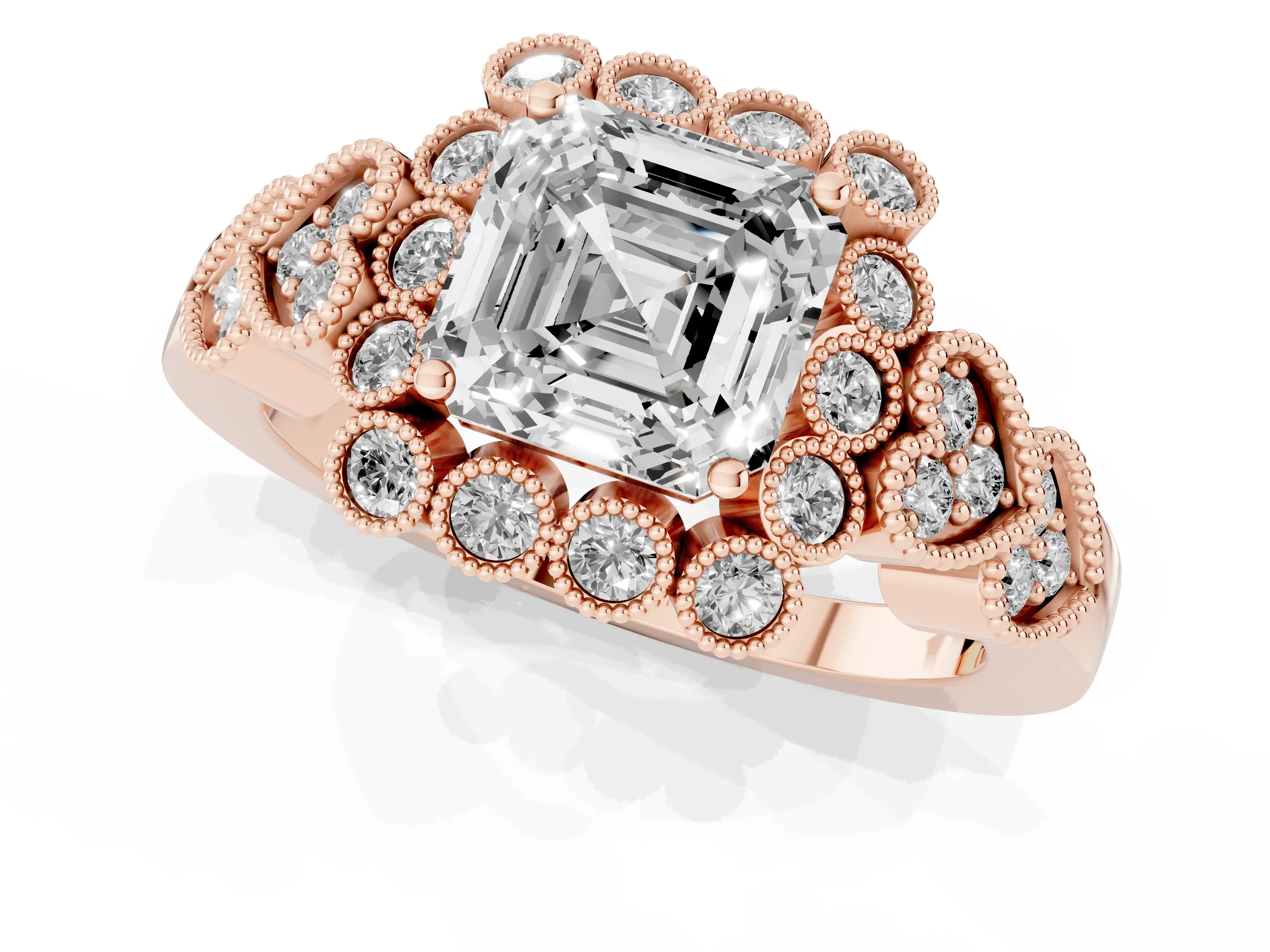 Asscher Cut Diamond Solitaire Ring Set in Rose gold with Milgrain Pavé Heart Band