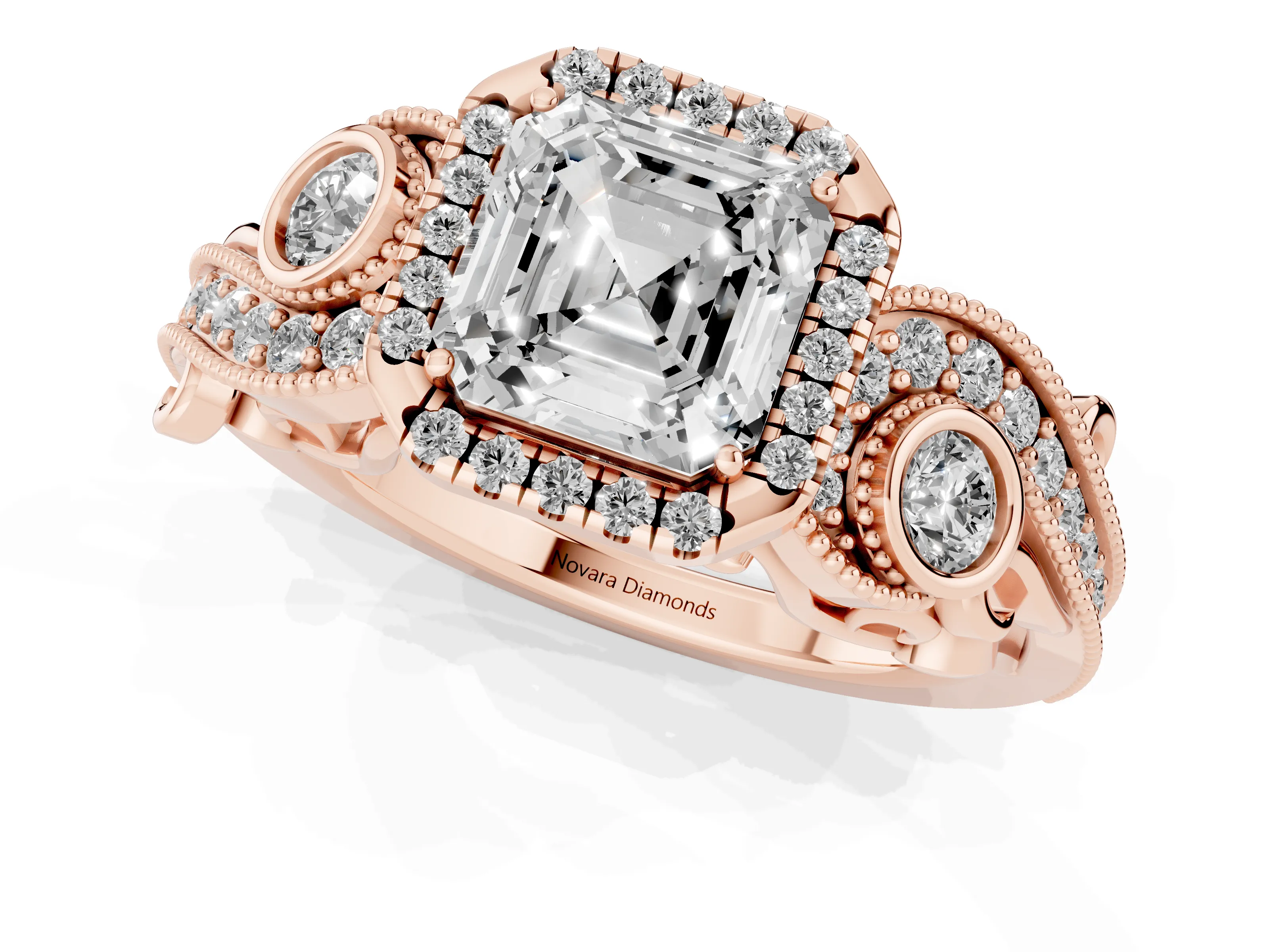 Asscher Cut Diamond Halo Ring Set in Rose gold with Milgrain Pavé Band and Prong Setting